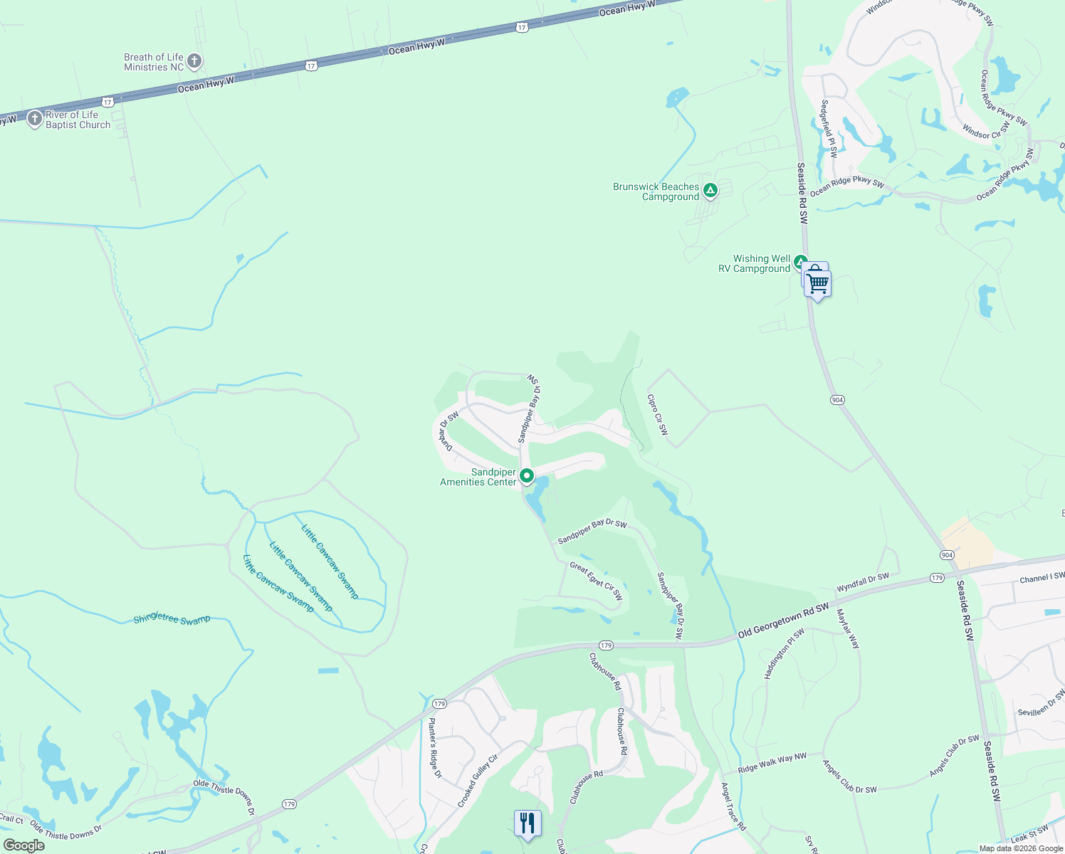 map of restaurants, bars, coffee shops, grocery stores, and more near 7494 Balmore Drive Southwest in Sunset Beach