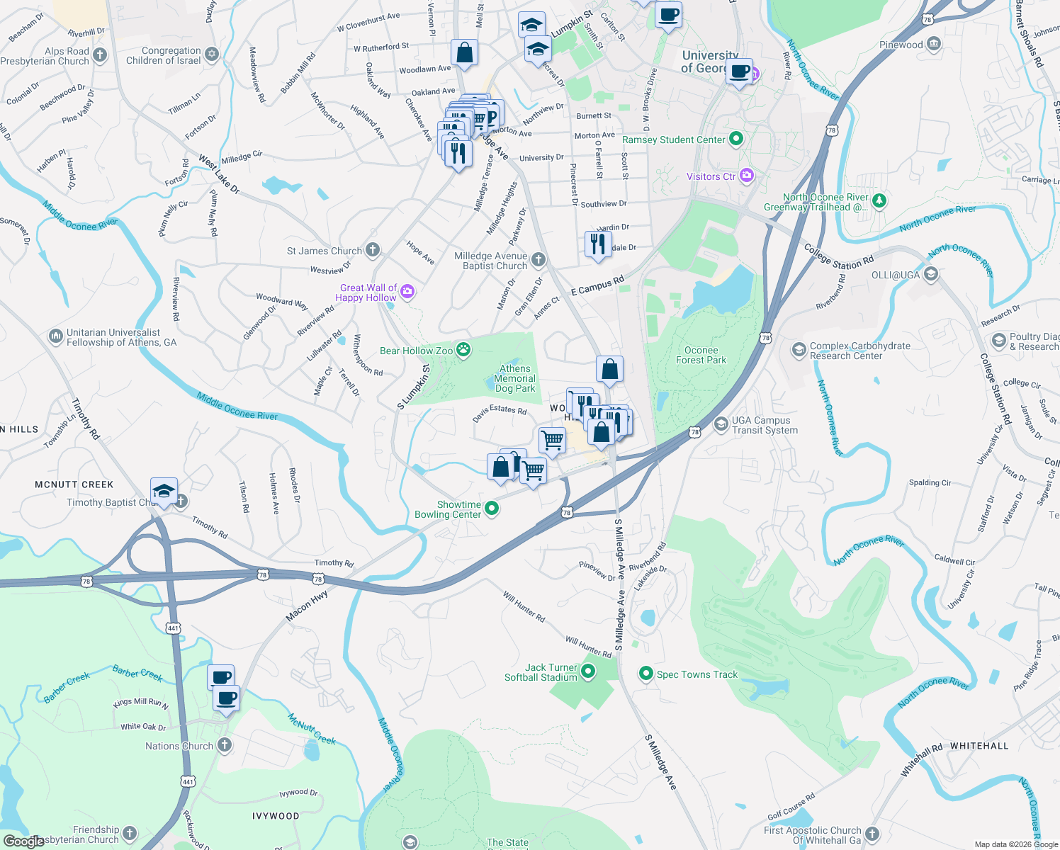 map of restaurants, bars, coffee shops, grocery stores, and more near 110 Julia Ann Circle in Athens