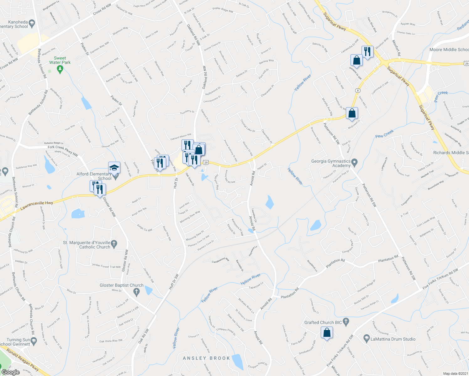 map of restaurants, bars, coffee shops, grocery stores, and more near 2309 Halcyon Way in Lawrenceville