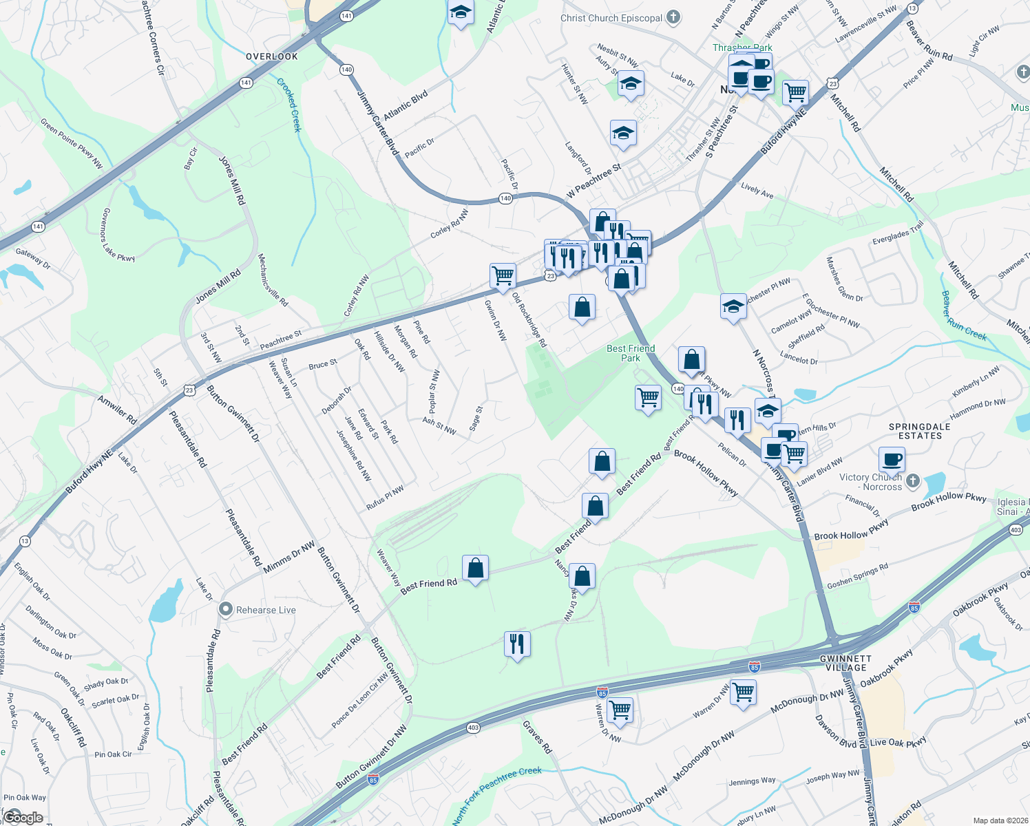 map of restaurants, bars, coffee shops, grocery stores, and more near 2375 Wind Way Ct in Norcross