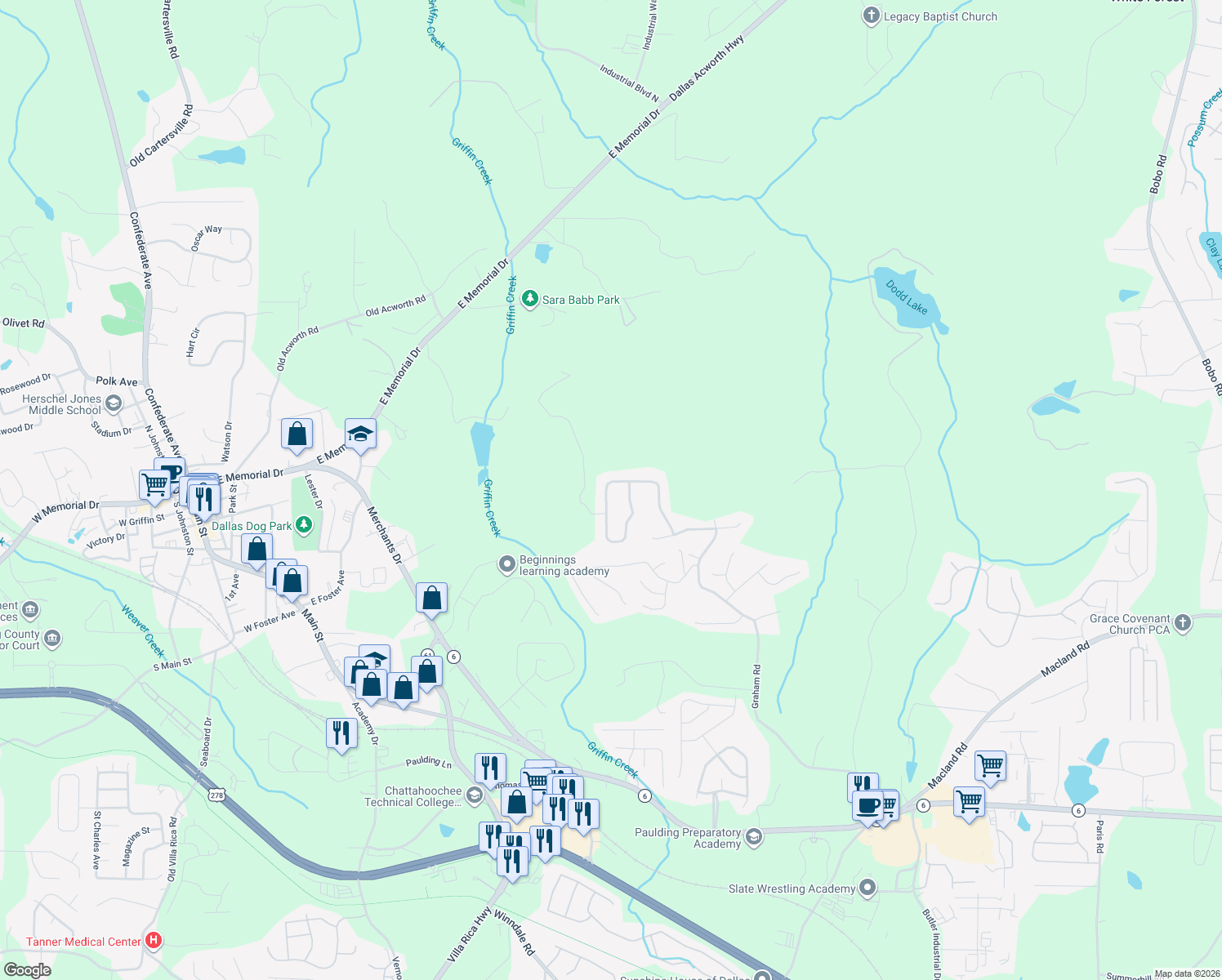 map of restaurants, bars, coffee shops, grocery stores, and more near 345 Cottonwood Loop in Dallas