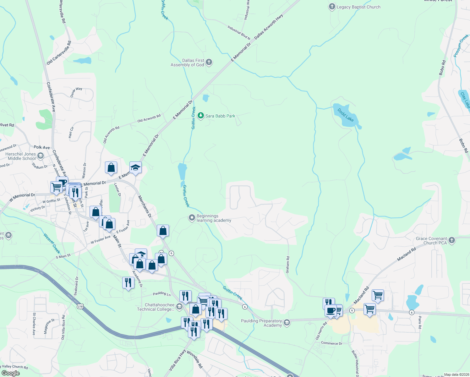 map of restaurants, bars, coffee shops, grocery stores, and more near 299 Cottonwood Loop in Dallas