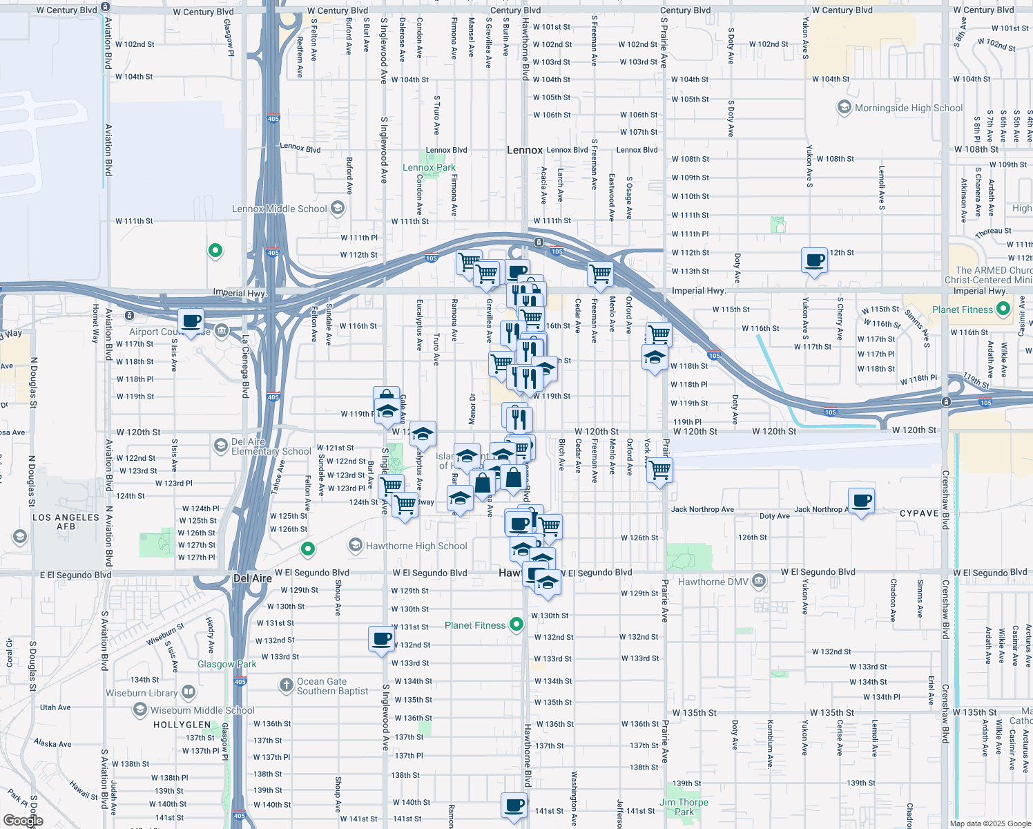 map of restaurants, bars, coffee shops, grocery stores, and more near 11965 Hawthorne Boulevard in Hawthorne