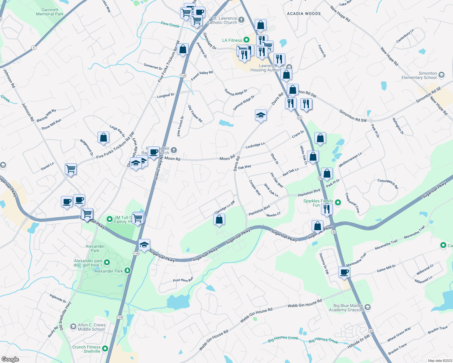 map of restaurants, bars, coffee shops, grocery stores, and more near 647 New England Way in Lawrenceville