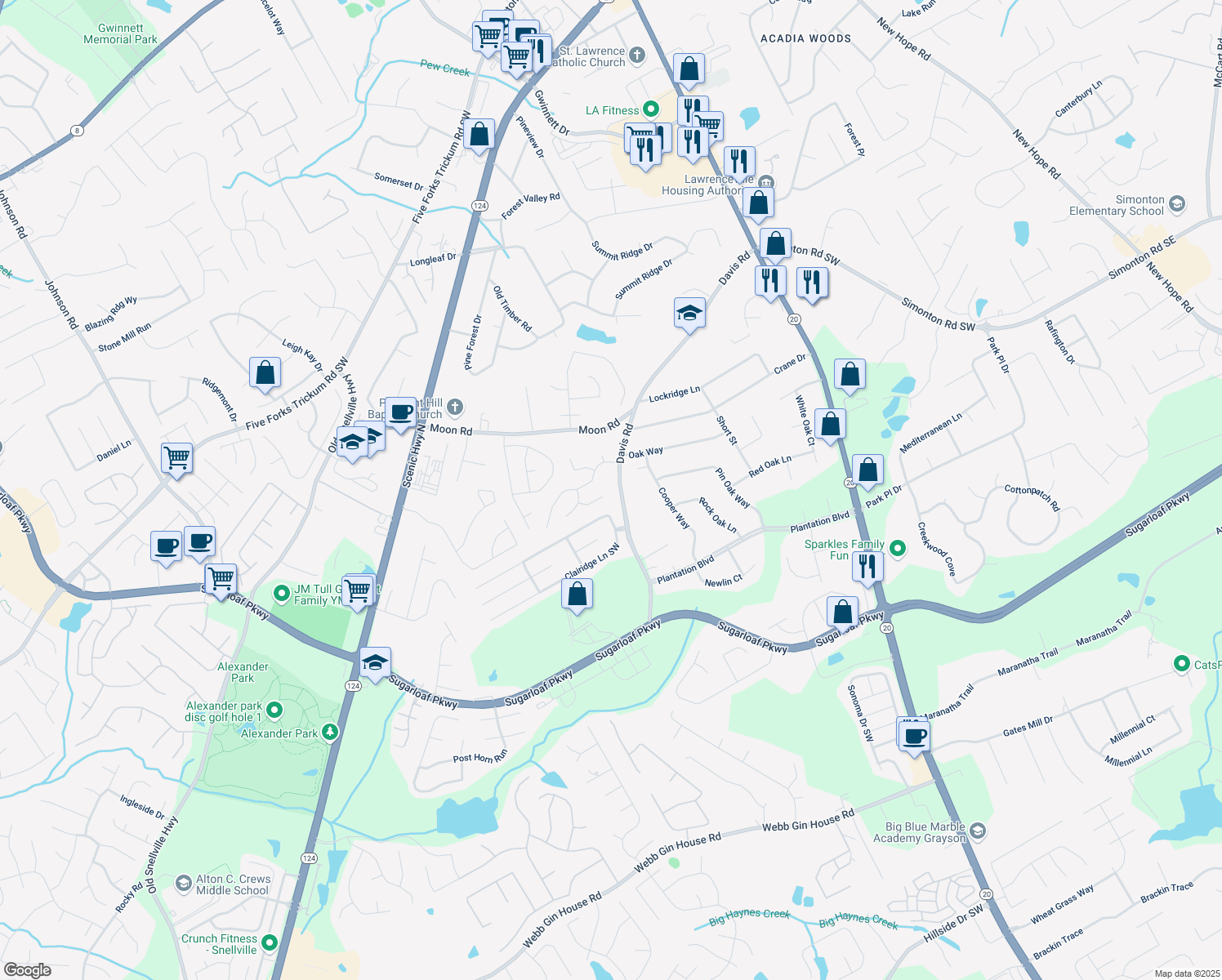 map of restaurants, bars, coffee shops, grocery stores, and more near 627 New England Way in Lawrenceville