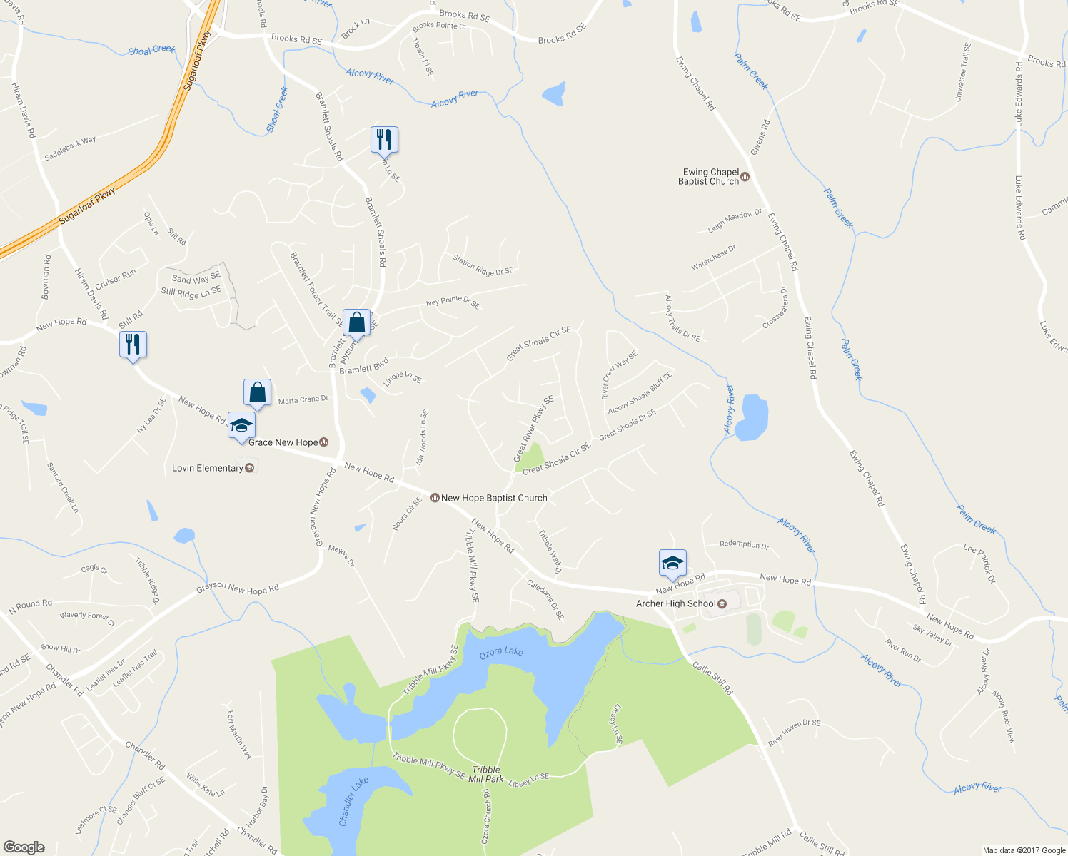 map of restaurants, bars, coffee shops, grocery stores, and more near 1118 Low Water Way Southeast in Lawrenceville