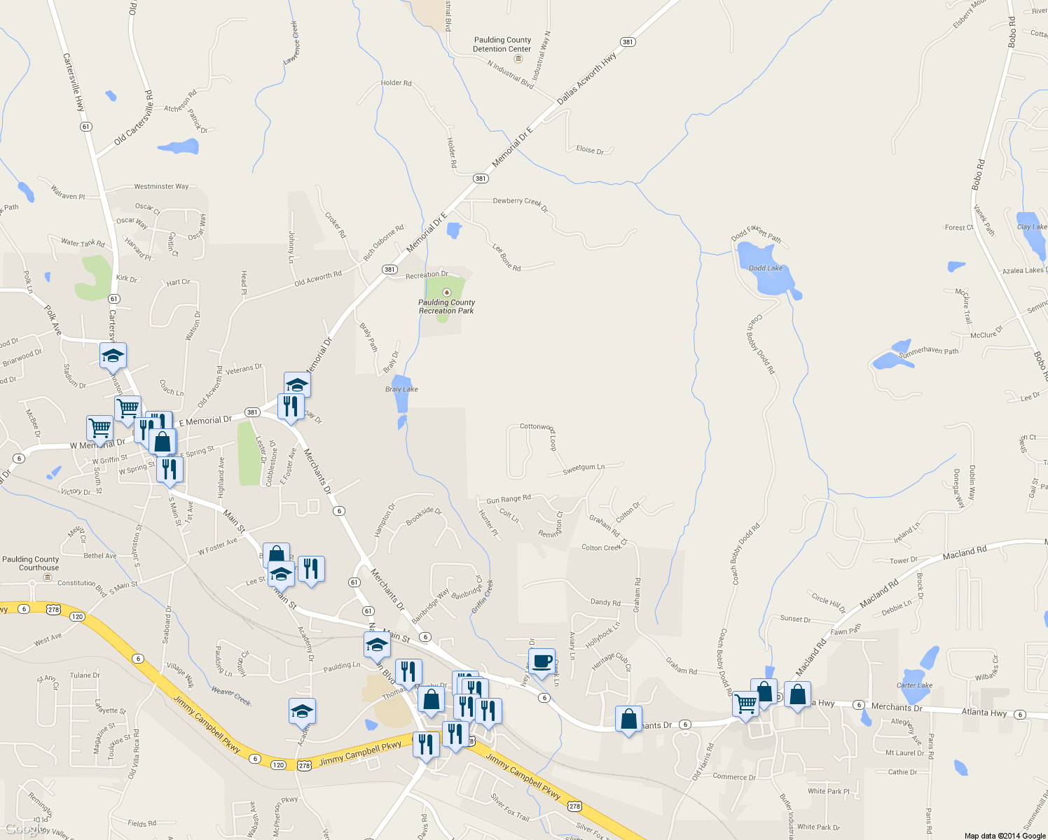 map of restaurants, bars, coffee shops, grocery stores, and more near 282 Cottonwood Loop in Dallas