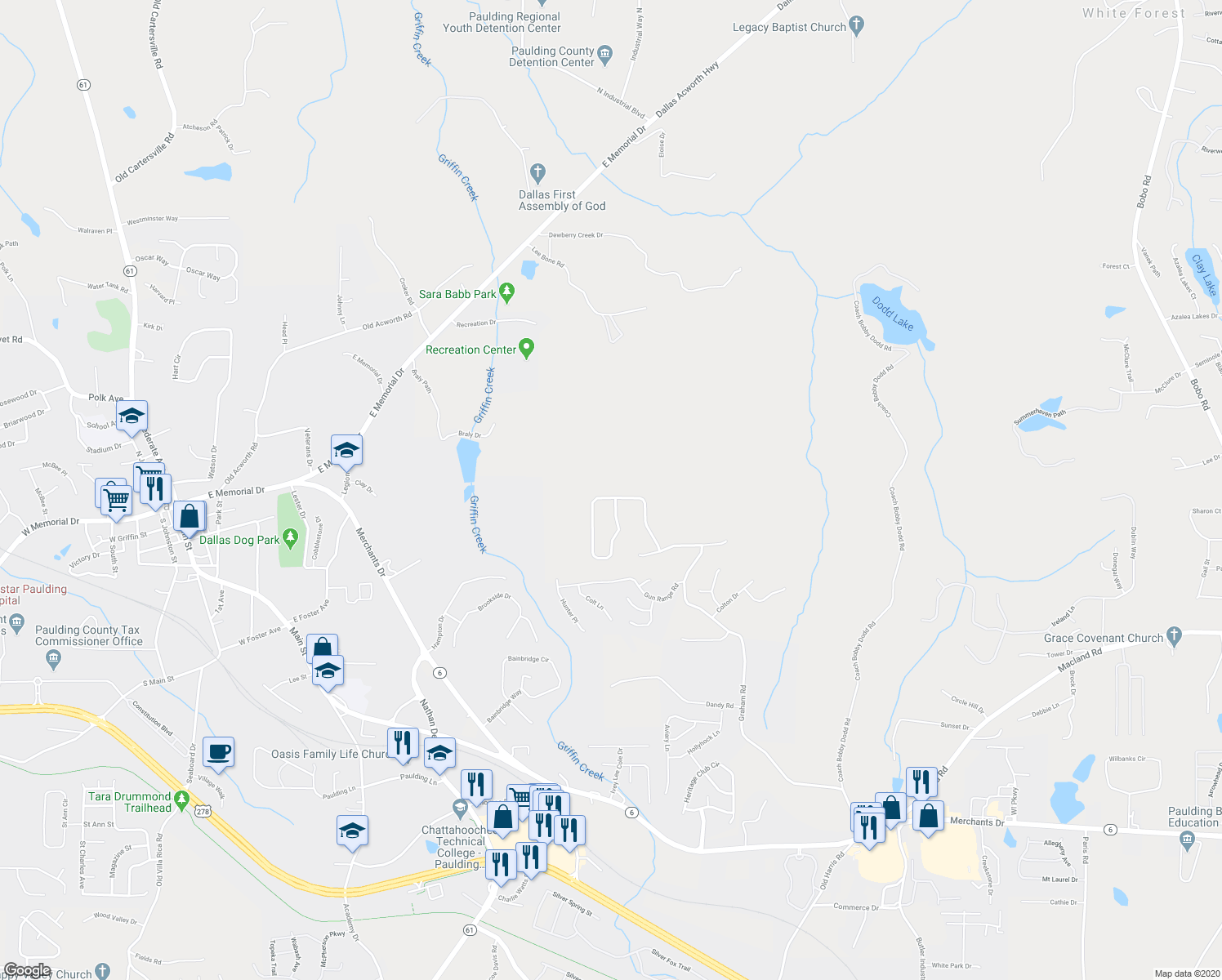 map of restaurants, bars, coffee shops, grocery stores, and more near 282 Cottonwood Loop in Dallas