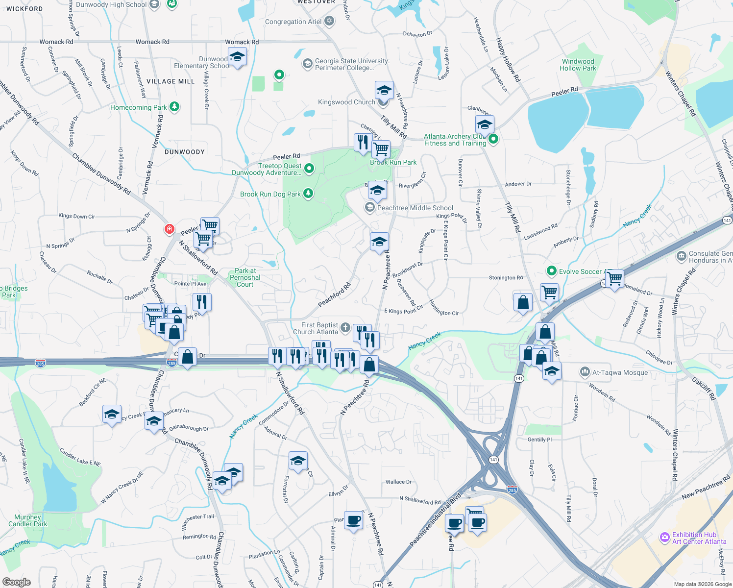 map of restaurants, bars, coffee shops, grocery stores, and more near 2168 N Forest Trail in Dunwoody
