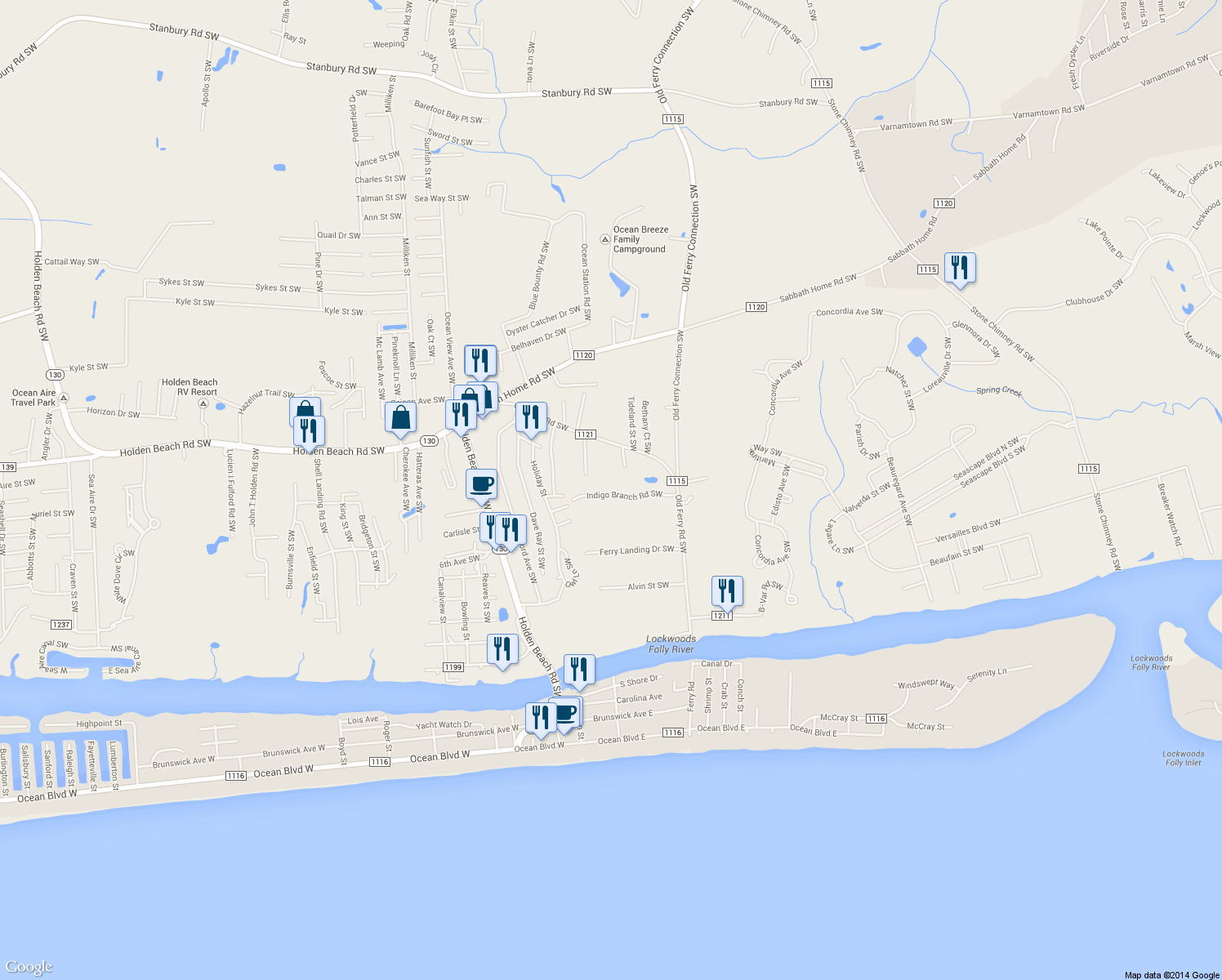 map of restaurants, bars, coffee shops, grocery stores, and more near 1112 Indigo Branch Road Southwest in Supply