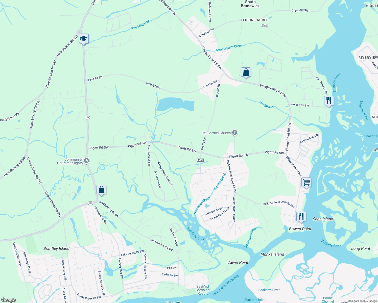 map of restaurants, bars, coffee shops, grocery stores, and more near 4455 Pigott Road Southwest in Shallotte
