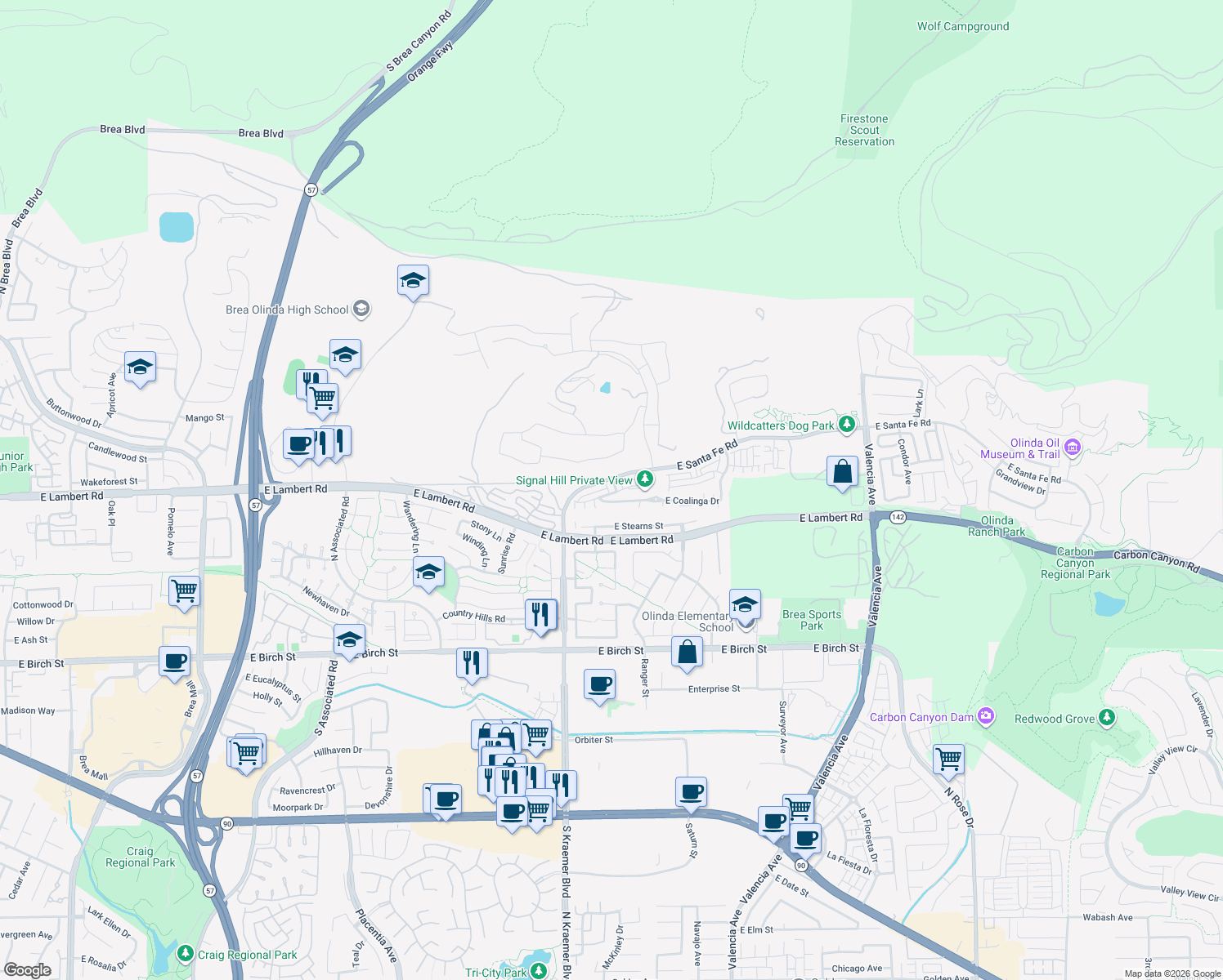 map of restaurants, bars, coffee shops, grocery stores, and more near 405 Tapia Lane in Brea