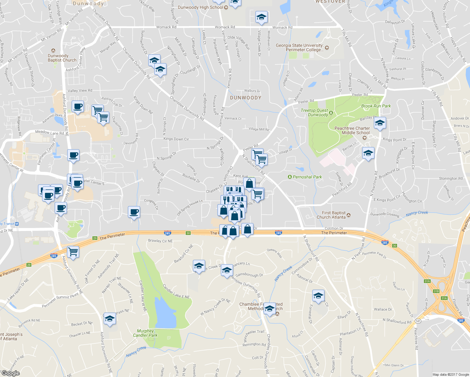 map of restaurants, bars, coffee shops, grocery stores, and more near 4549 Chamblee Dunwoody Road in Dunwoody
