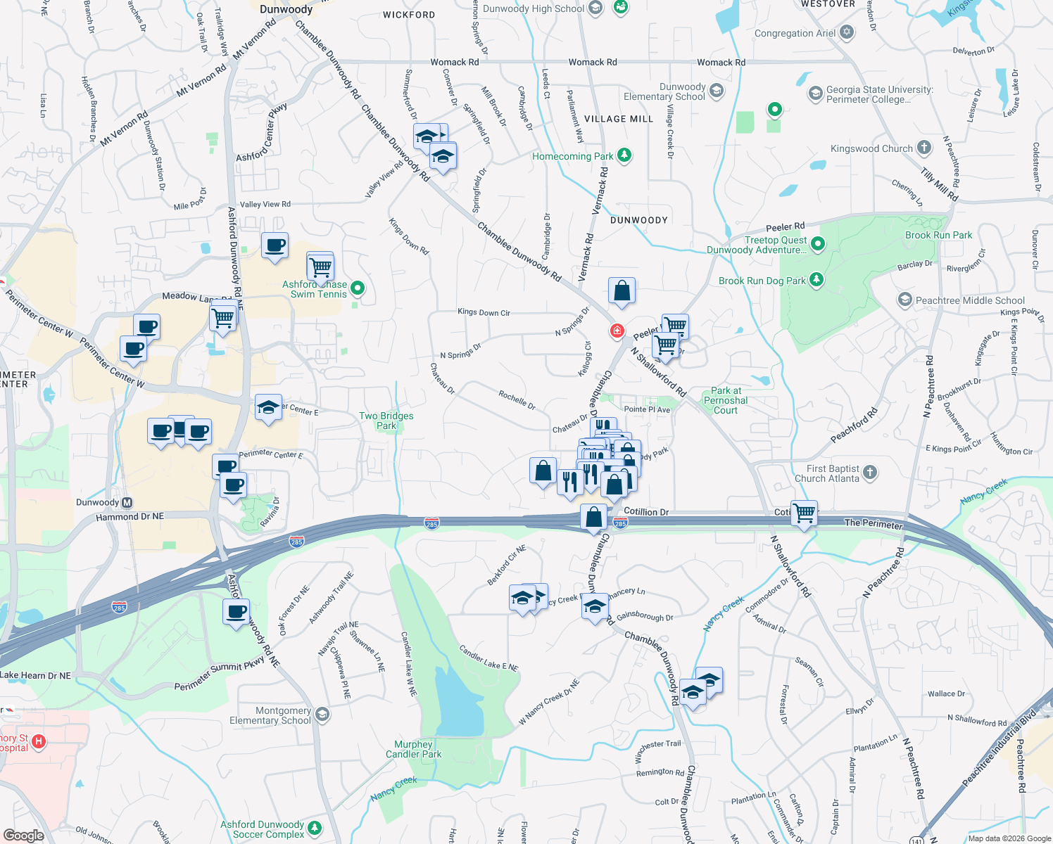 map of restaurants, bars, coffee shops, grocery stores, and more near 1666 Chateau Dr in Dunwoody