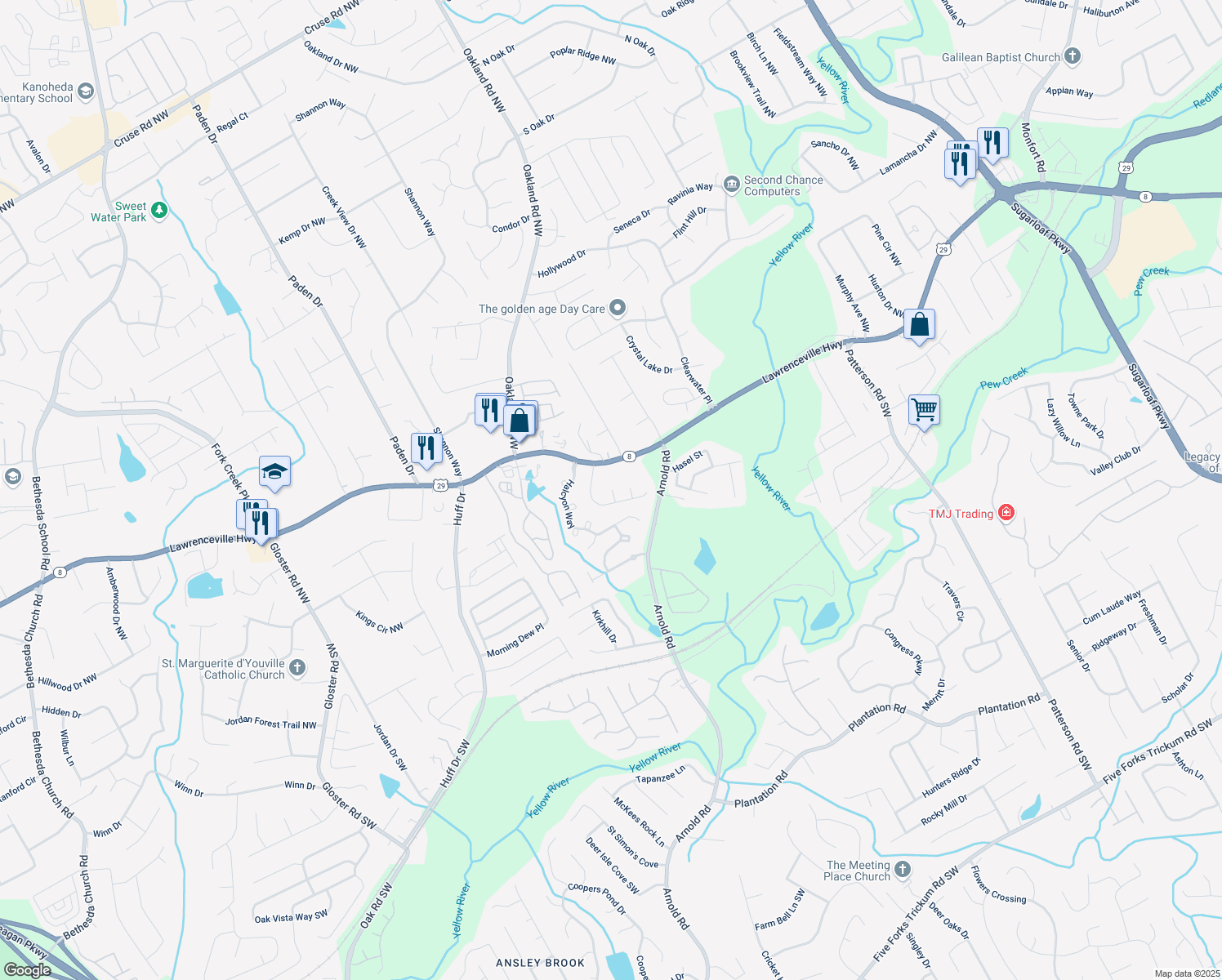 map of restaurants, bars, coffee shops, grocery stores, and more near 159 Sonya Mill Court Northwest in Lawrenceville
