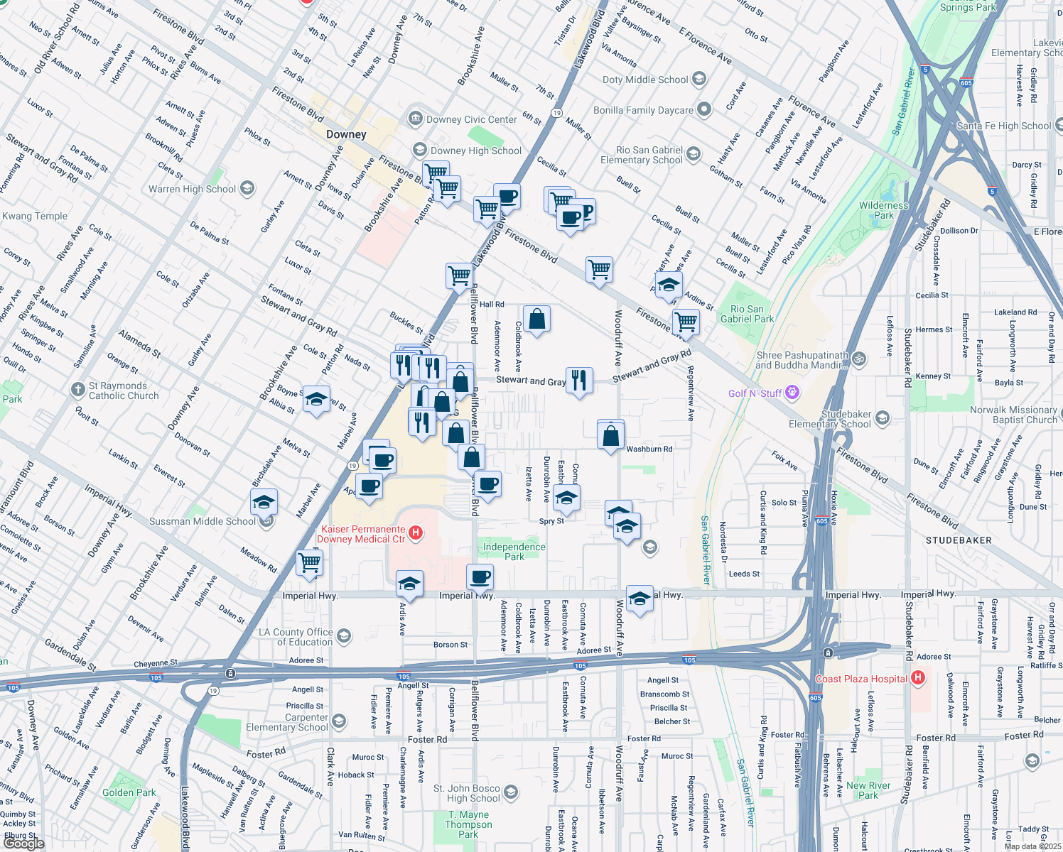 map of restaurants, bars, coffee shops, grocery stores, and more near 9332 Elm Vista Drive in Downey
