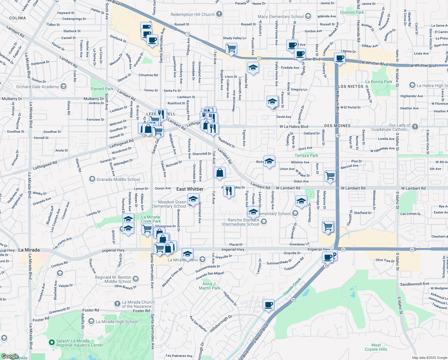 map of restaurants, bars, coffee shops, grocery stores, and more near 16263 Sugargrove Dr in Whittier