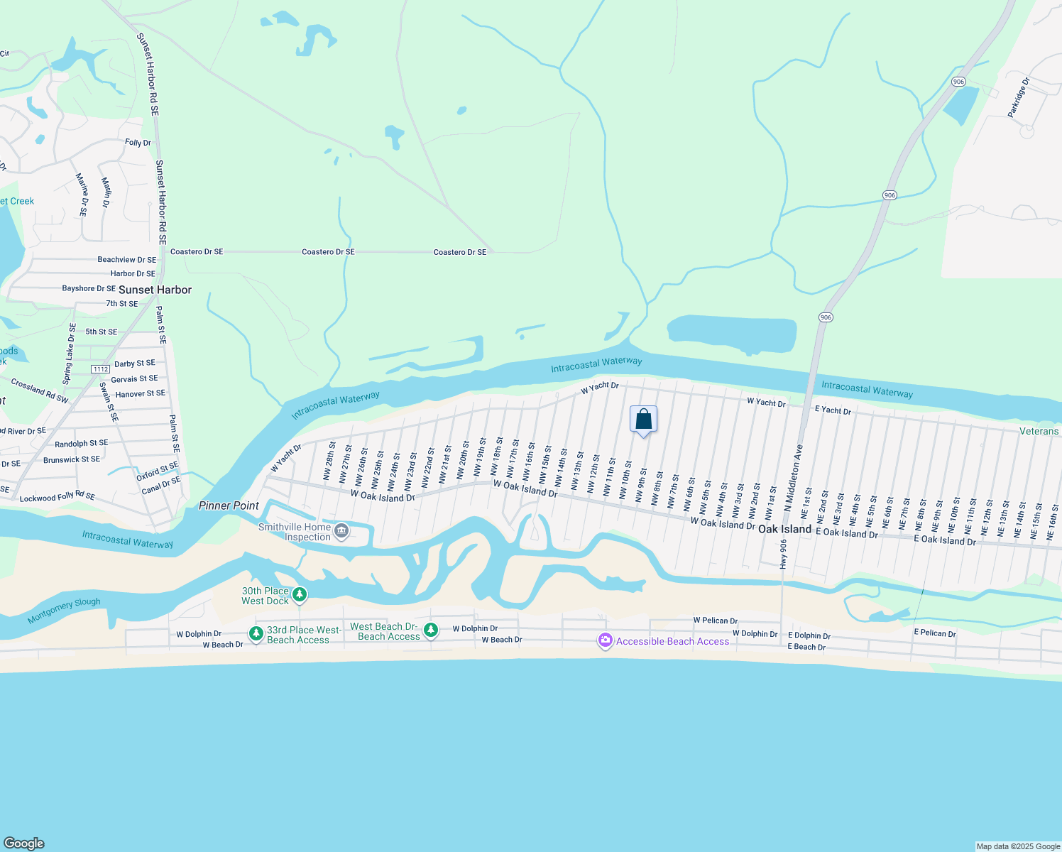 map of restaurants, bars, coffee shops, grocery stores, and more near 135 Northwest 16th Street in Oak Island