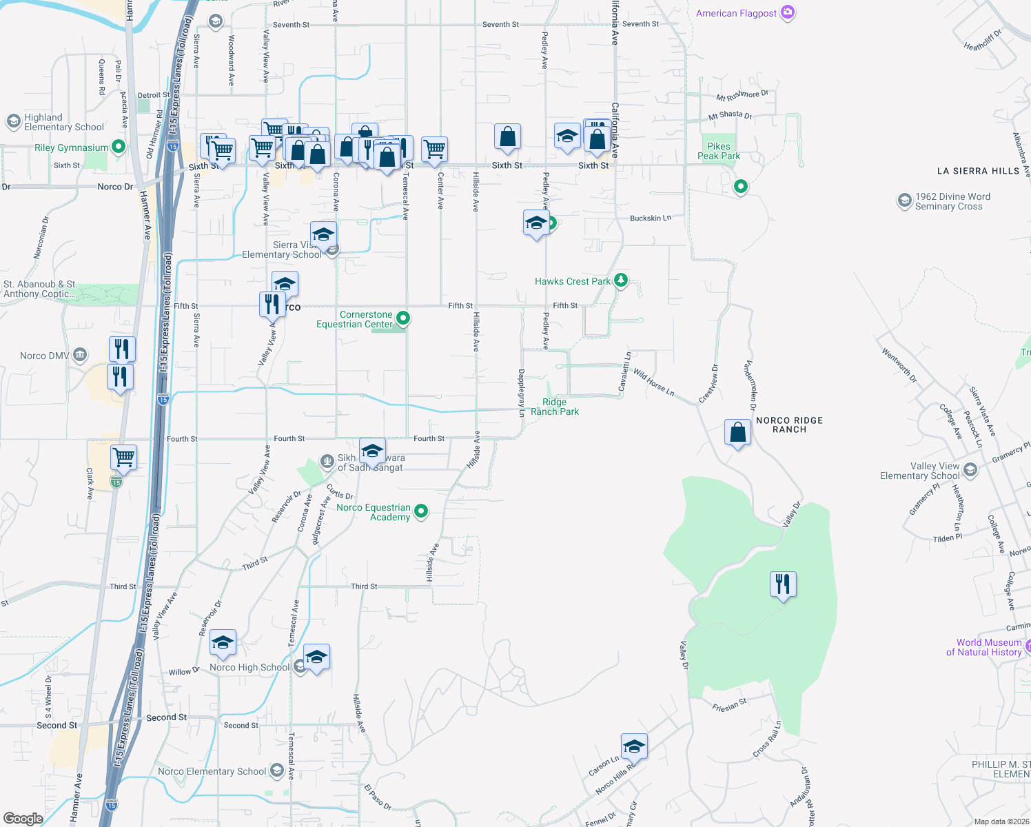 map of restaurants, bars, coffee shops, grocery stores, and more near 3004 Dapplegray Lane in Norco
