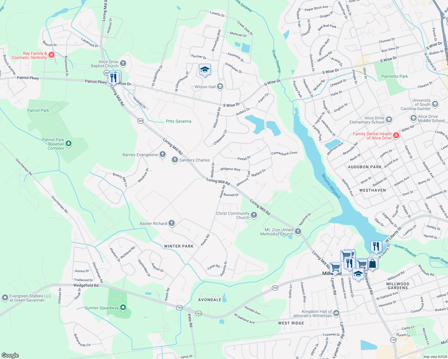 map of restaurants, bars, coffee shops, grocery stores, and more near 202 Barefoot Court in Sumter