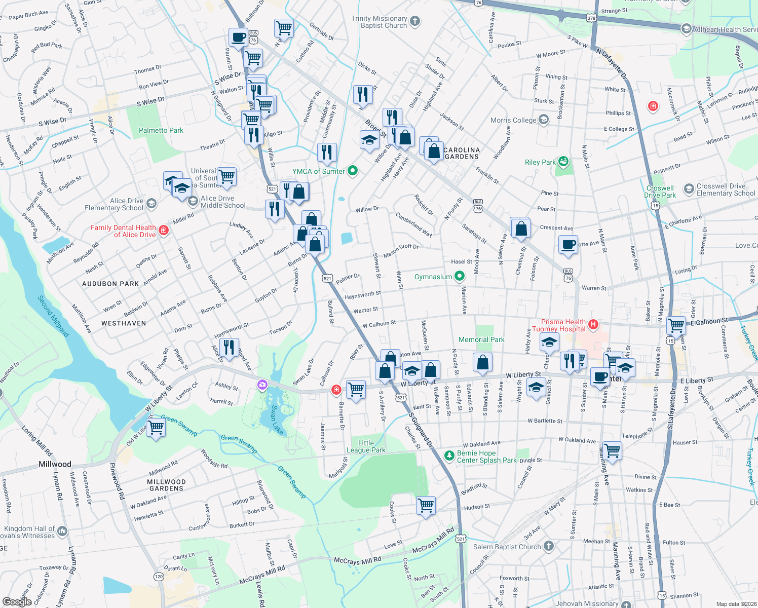 map of restaurants, bars, coffee shops, grocery stores, and more near 101 Wactor St in Sumter