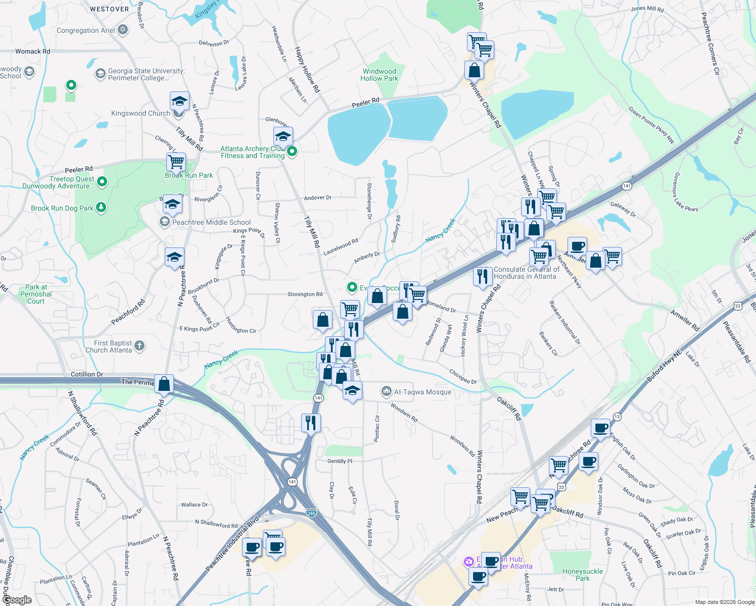 map of restaurants, bars, coffee shops, grocery stores, and more near 2649 Homeland Drive in Atlanta