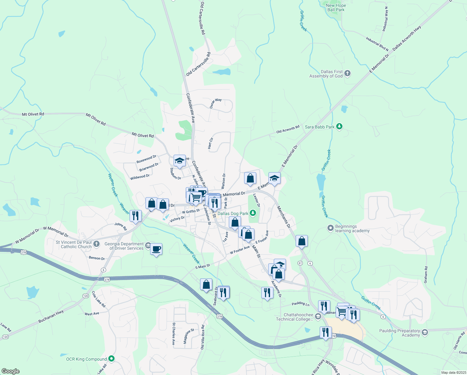 map of restaurants, bars, coffee shops, grocery stores, and more near 243 Old Acworth Road in Dallas