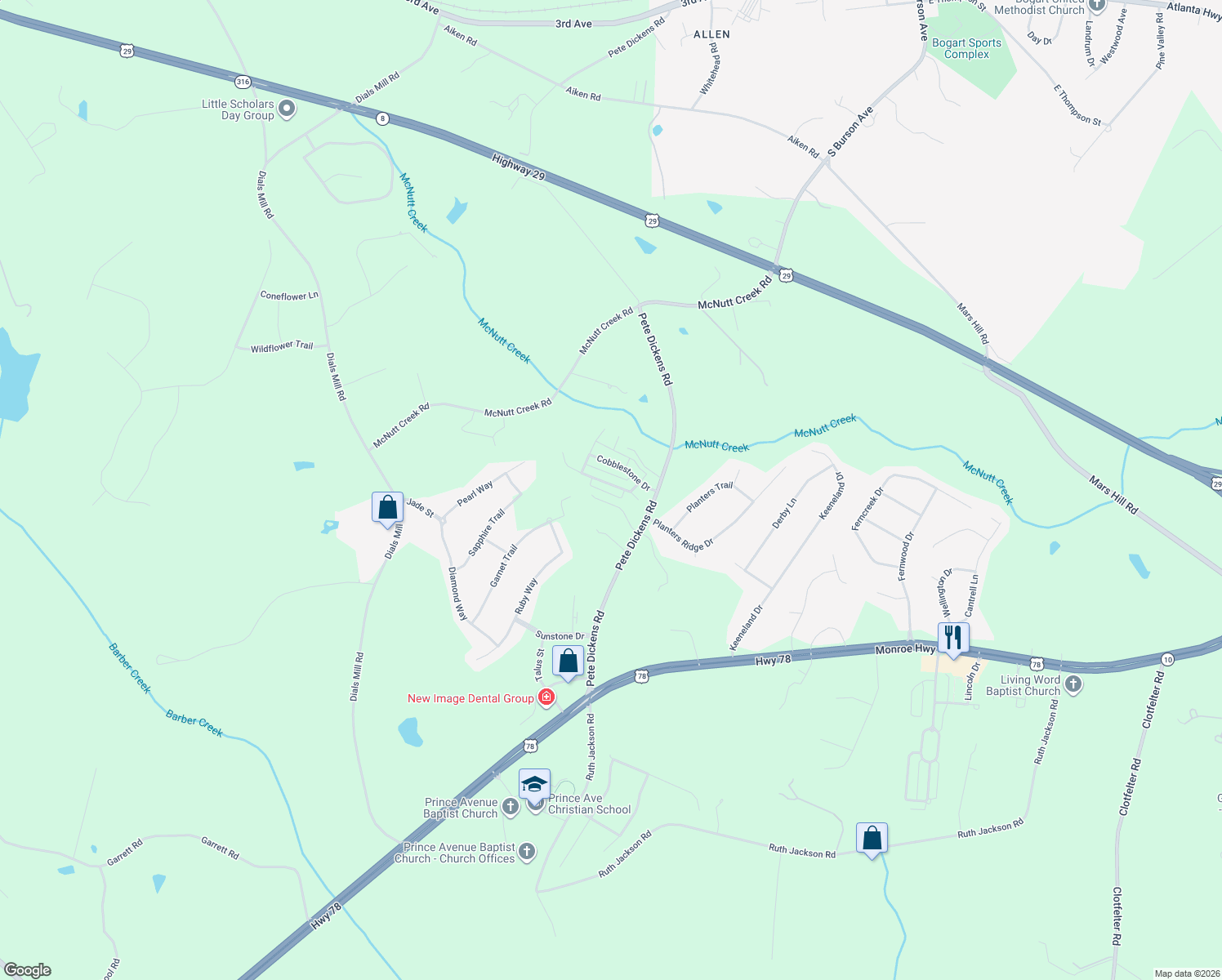 map of restaurants, bars, coffee shops, grocery stores, and more near 1051 Cobblestone Ln in Bogart