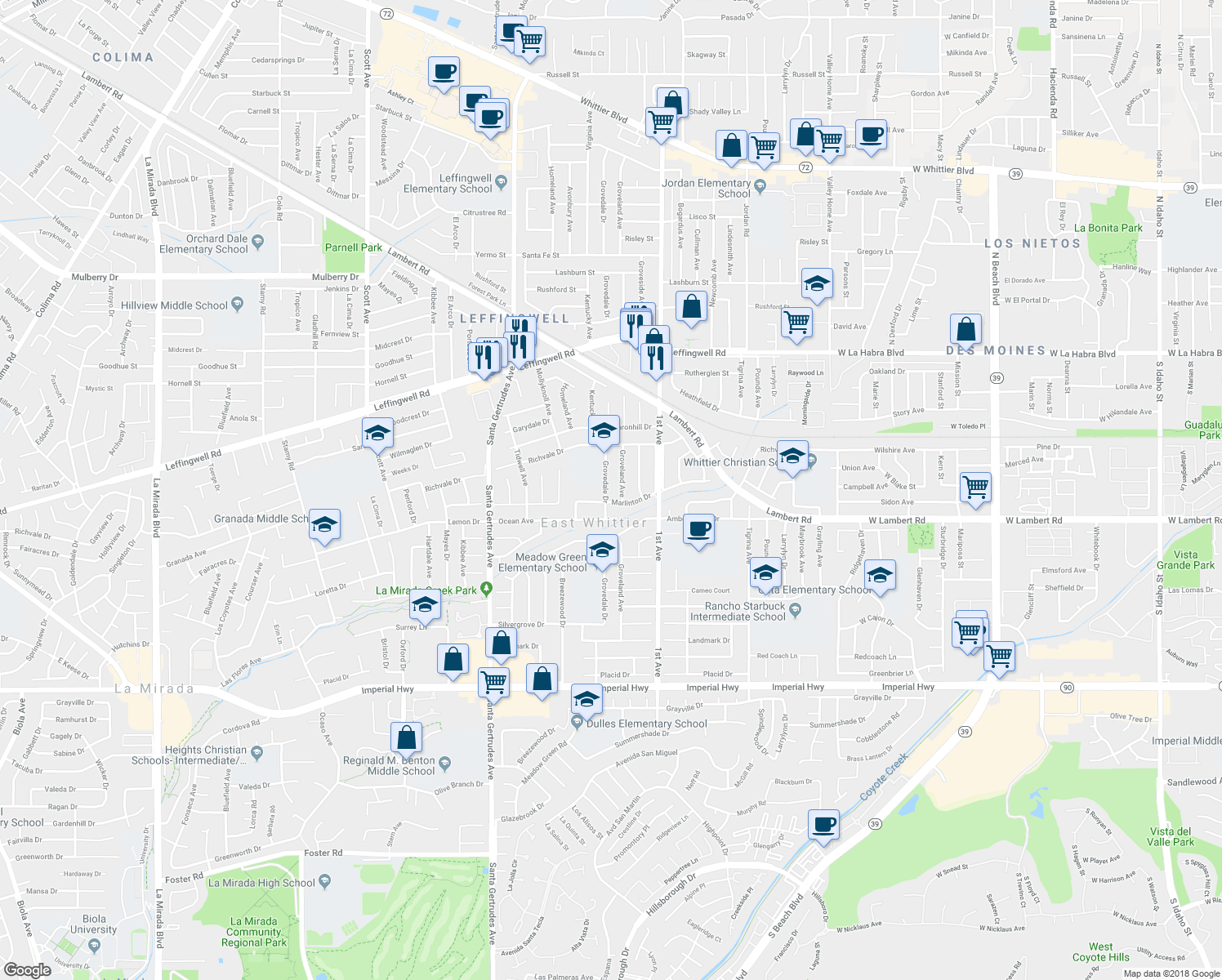 map of restaurants, bars, coffee shops, grocery stores, and more near 11626 Grovedale Drive in Whittier
