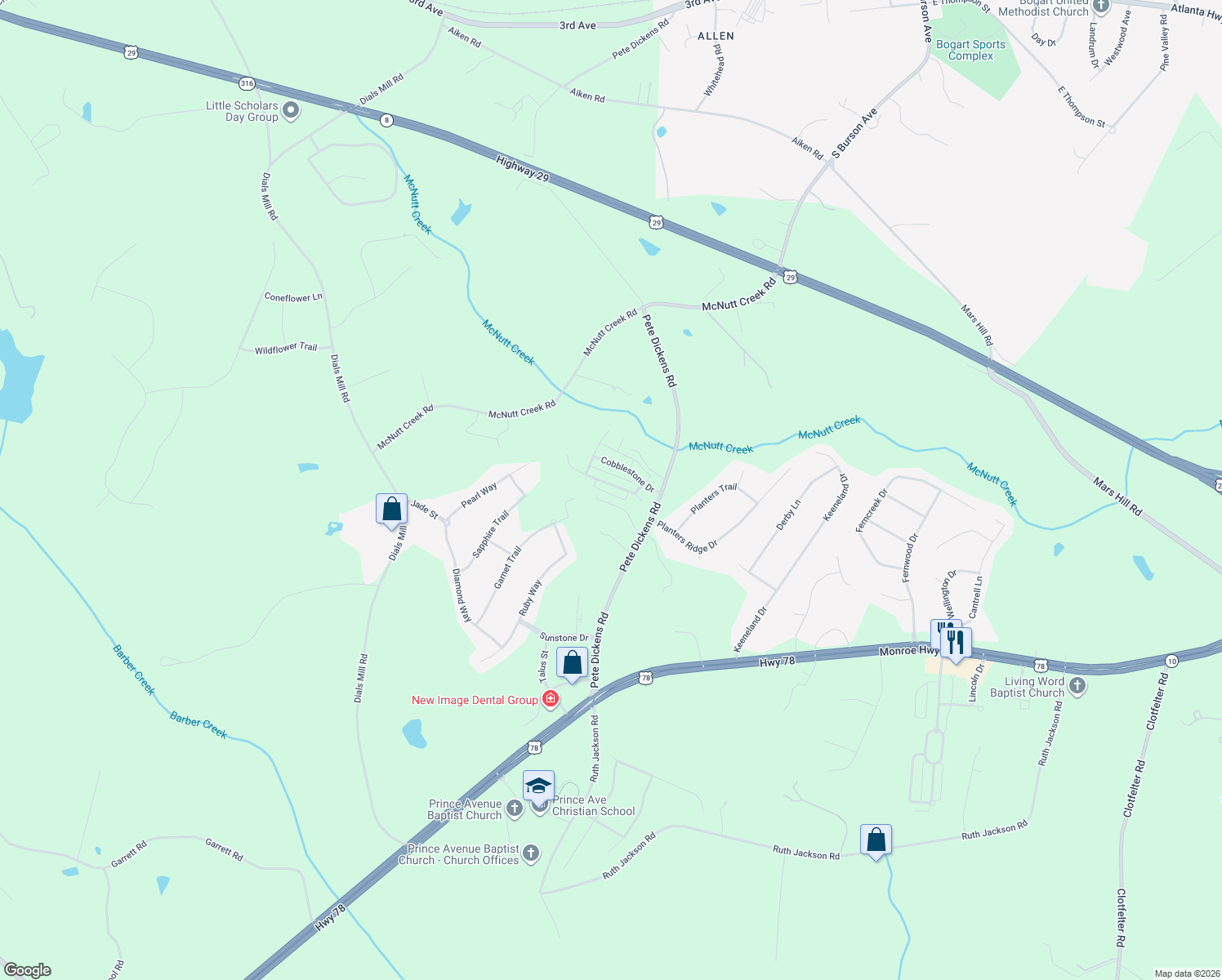 map of restaurants, bars, coffee shops, grocery stores, and more near 1061 Cobblestone Ln in Bogart