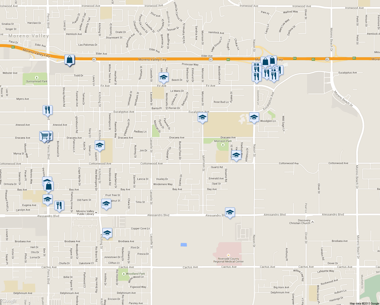 map of restaurants, bars, coffee shops, grocery stores, and more near 26350 Cape Mendocino Court in Moreno Valley