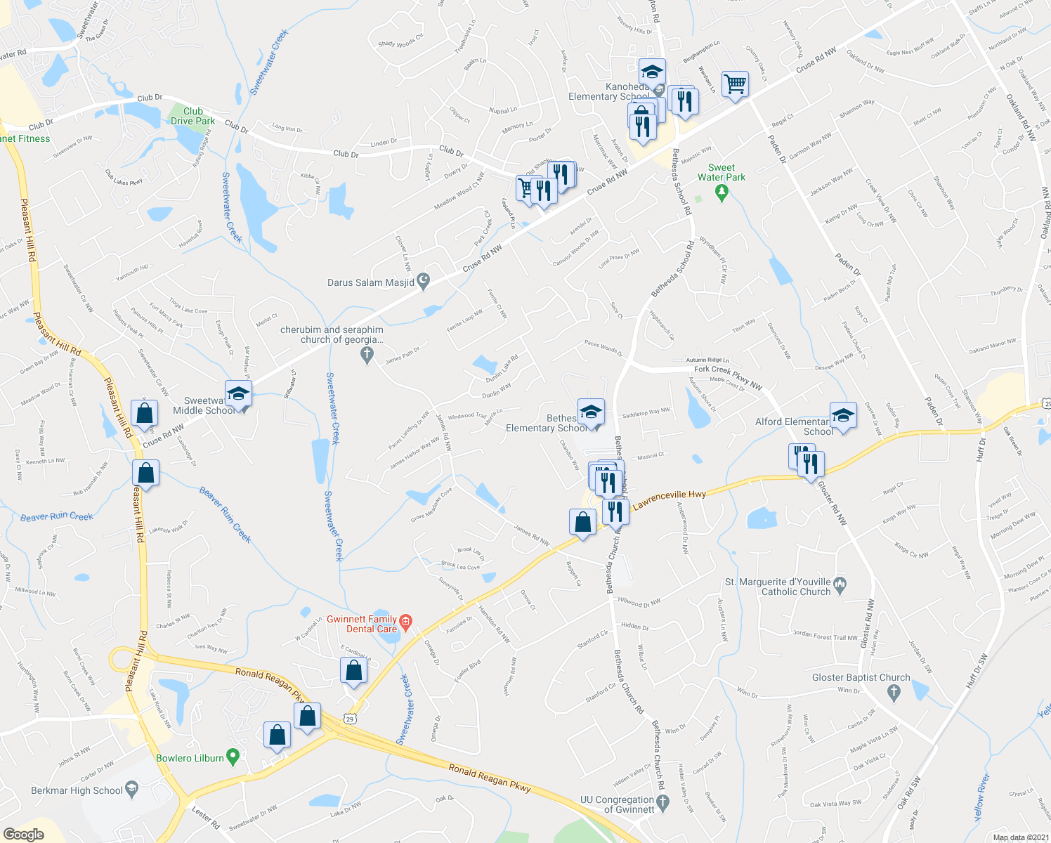 map of restaurants, bars, coffee shops, grocery stores, and more near 3015 Windwood Trail in Lawrenceville