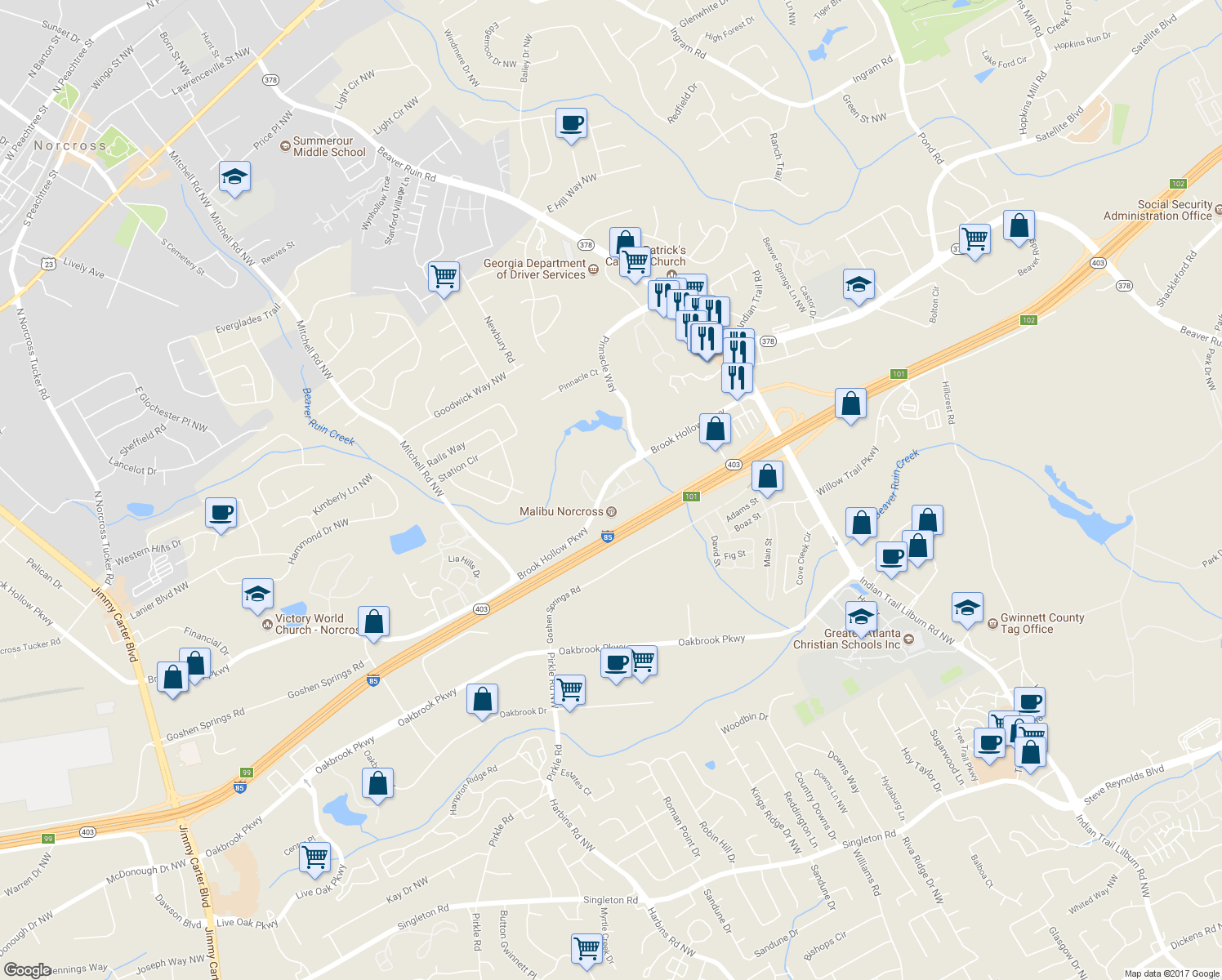 map of restaurants, bars, coffee shops, grocery stores, and more near 5343 Langston Way in Norcross