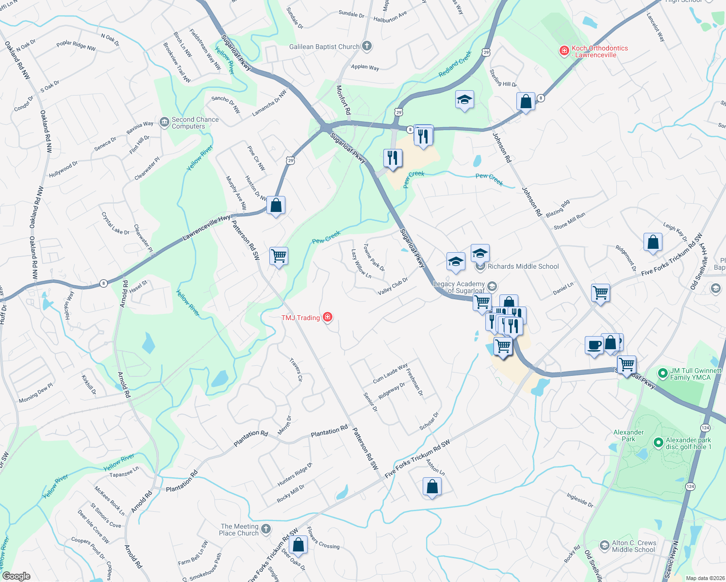 map of restaurants, bars, coffee shops, grocery stores, and more near 1770 Valley Club Dr in Lawrenceville