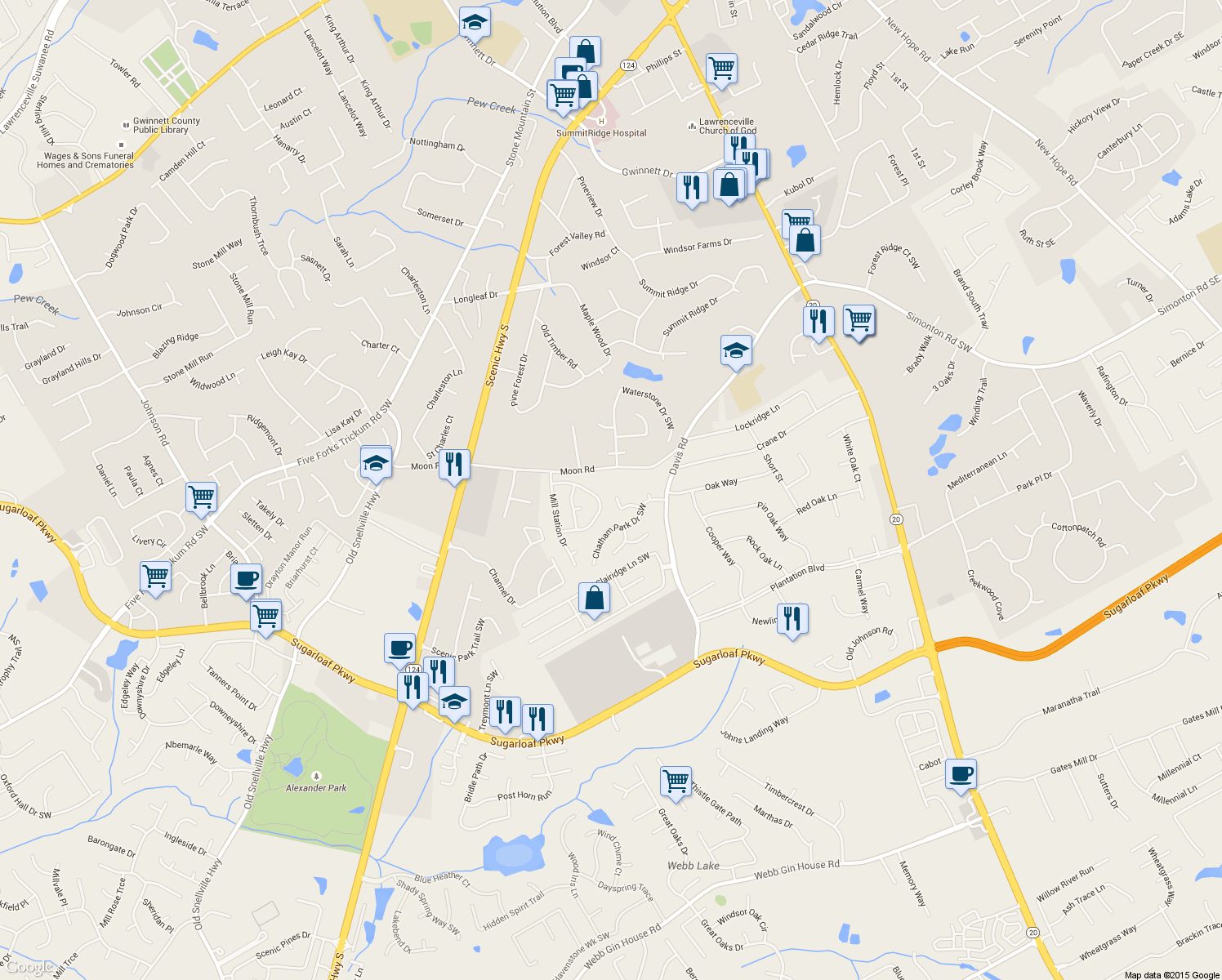map of restaurants, bars, coffee shops, grocery stores, and more near 672 Bostonian Way Southwest in Lawrenceville