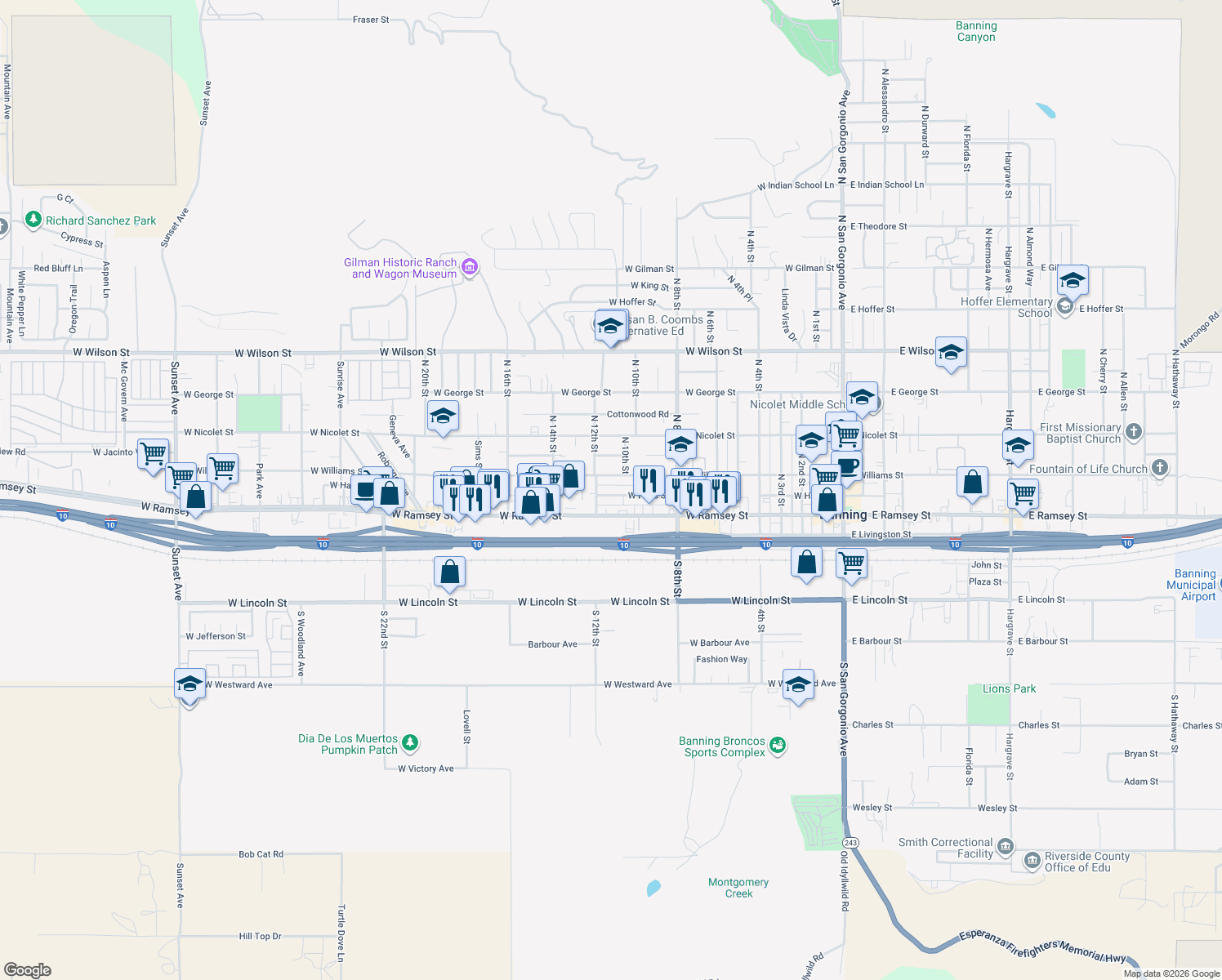 map of restaurants, bars, coffee shops, grocery stores, and more near 1117 West Hays Street in Banning