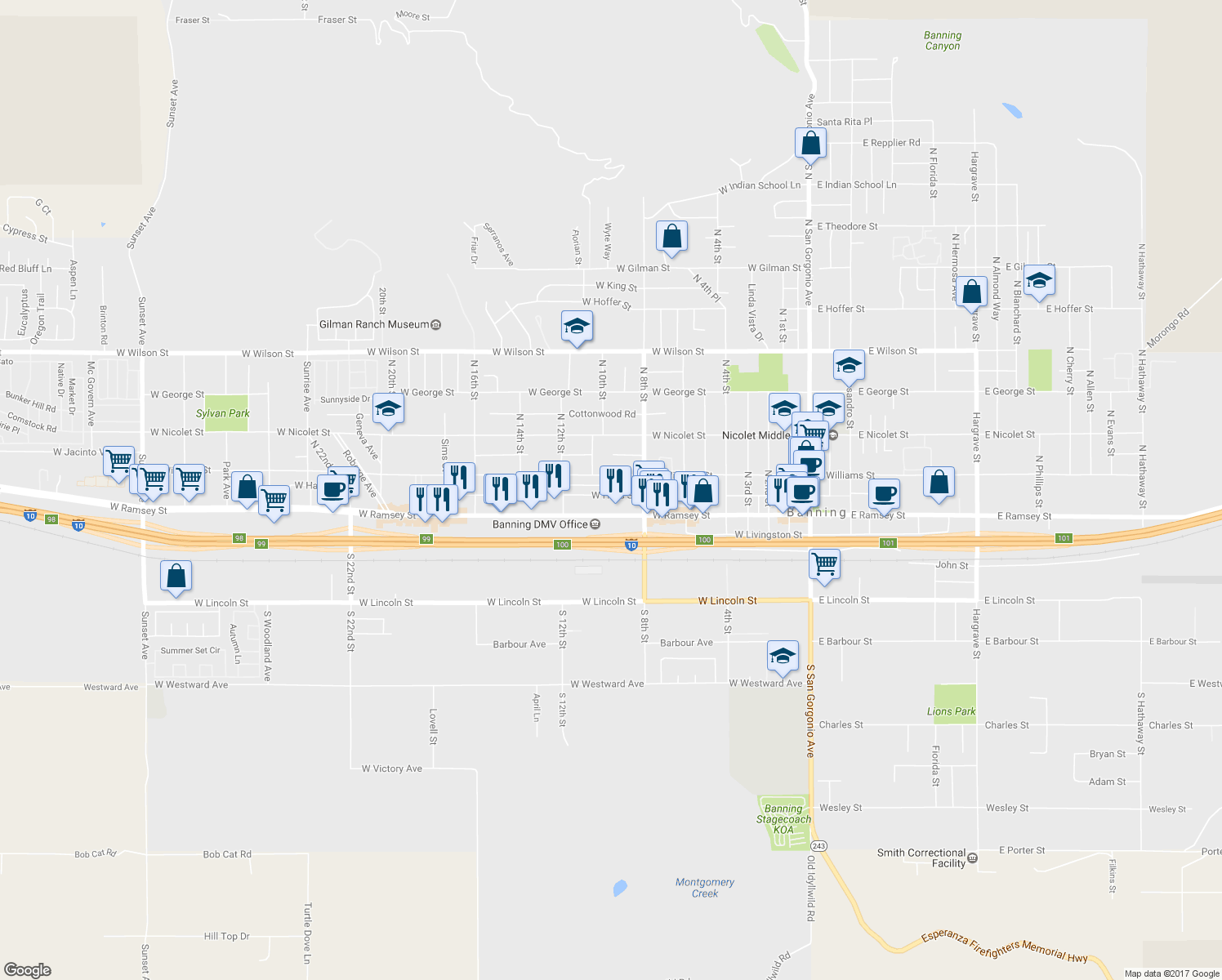 map of restaurants, bars, coffee shops, grocery stores, and more near 955 West Hays Street in Banning