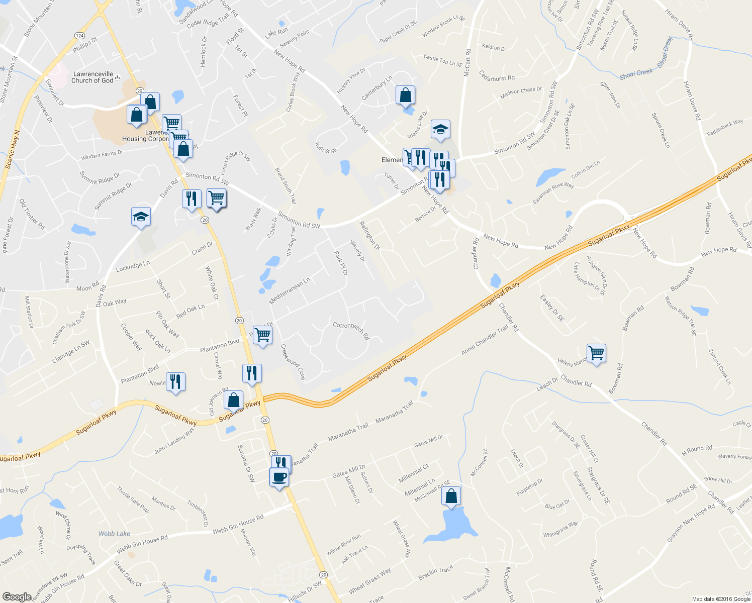 map of restaurants, bars, coffee shops, grocery stores, and more near 86 Stone Wood Lane in Lawrenceville