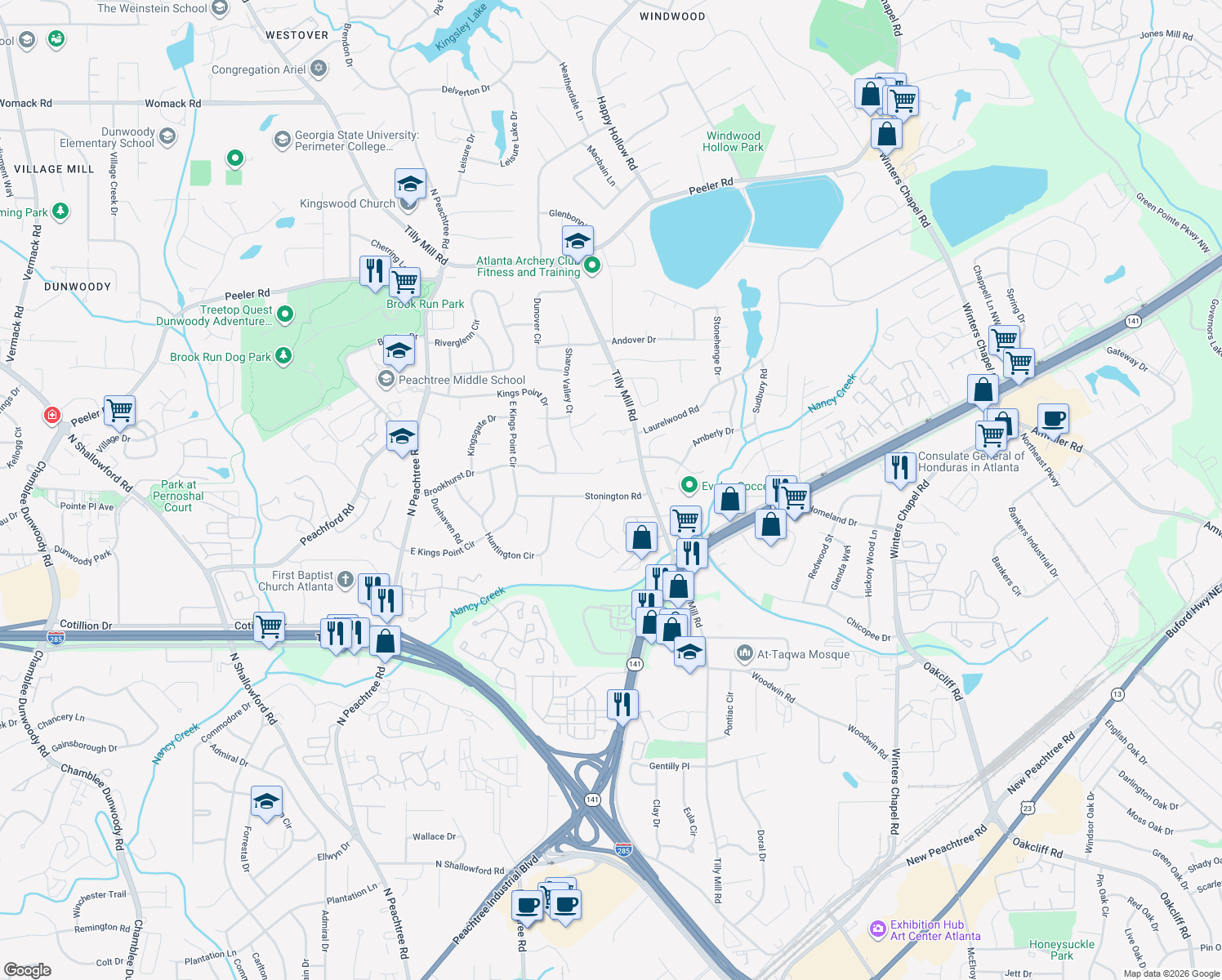 map of restaurants, bars, coffee shops, grocery stores, and more near 2502 Stonington Road in Dunwoody