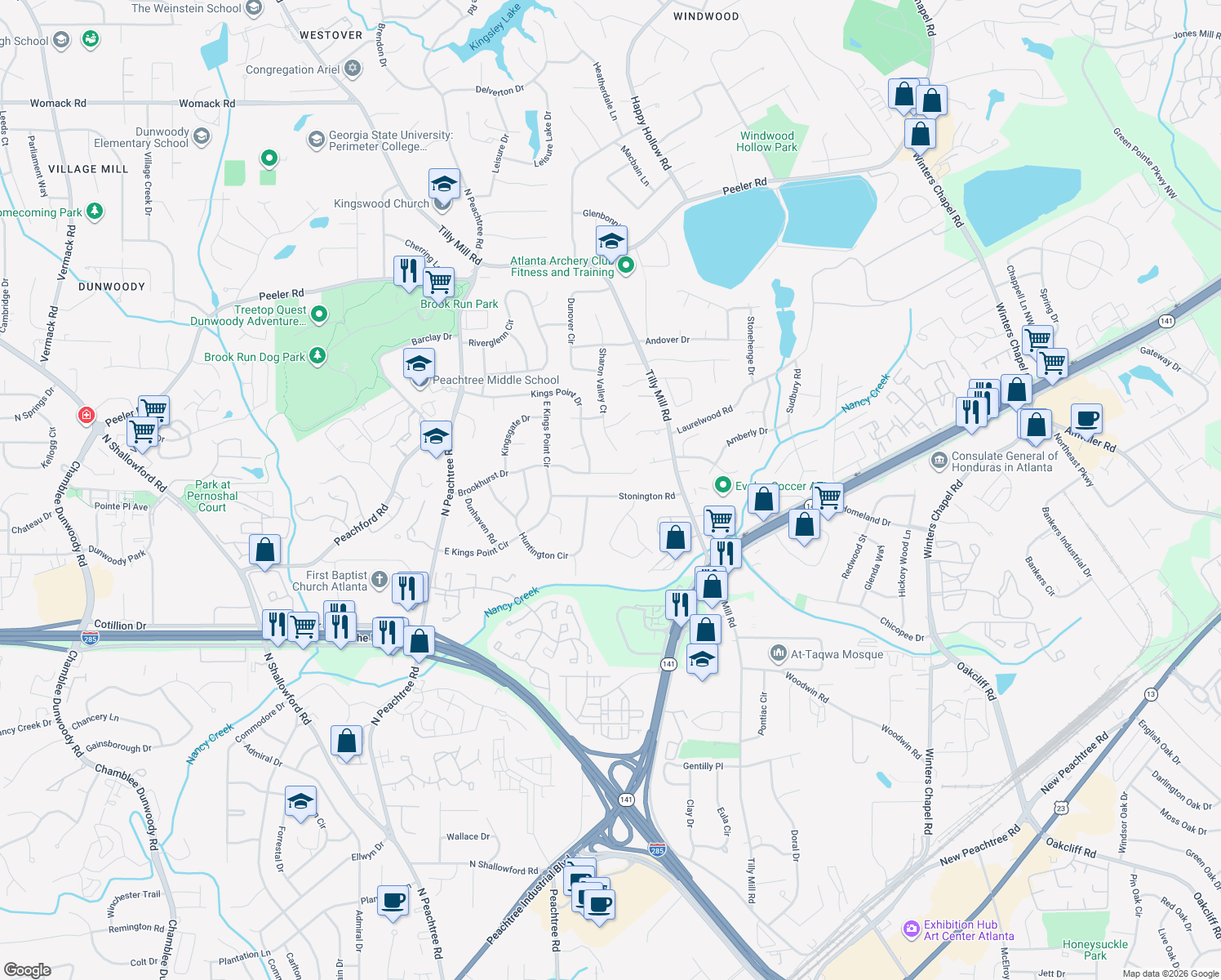map of restaurants, bars, coffee shops, grocery stores, and more near 2462 Stonington Road in Dunwoody