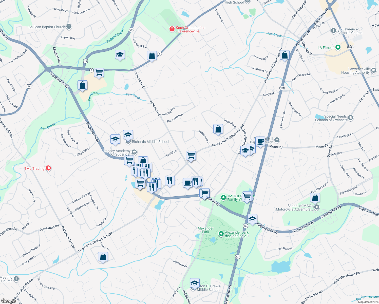 map of restaurants, bars, coffee shops, grocery stores, and more near 422 Highgate Place in Lawrenceville