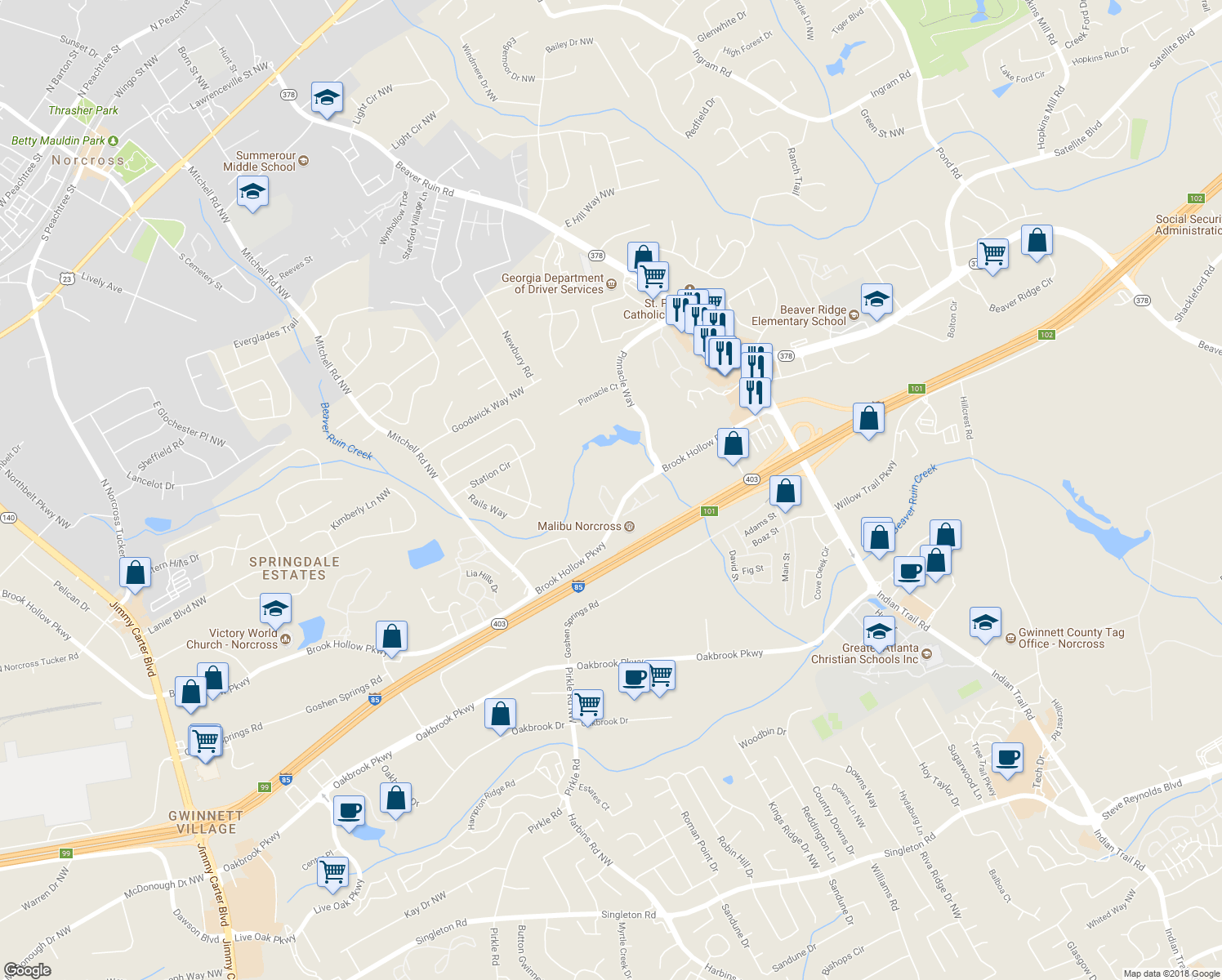 map of restaurants, bars, coffee shops, grocery stores, and more near 2261 Ferentz Trace in Norcross