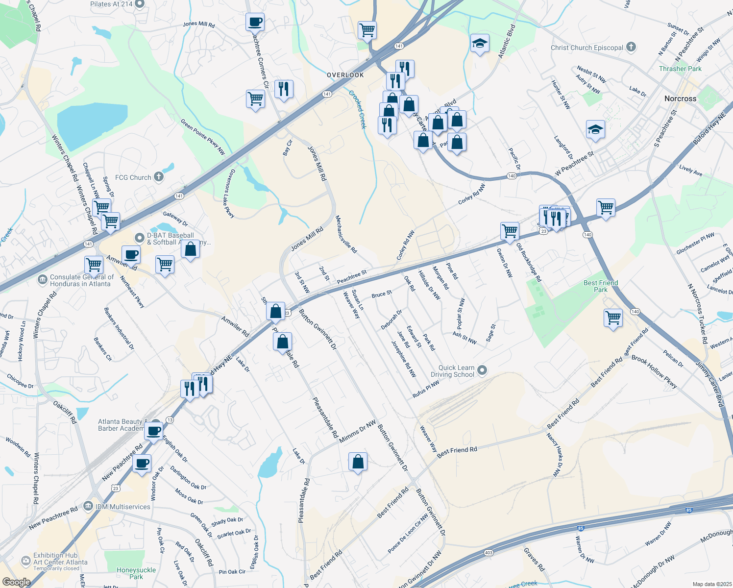 map of restaurants, bars, coffee shops, grocery stores, and more near 4464 Bruce Street in Doraville