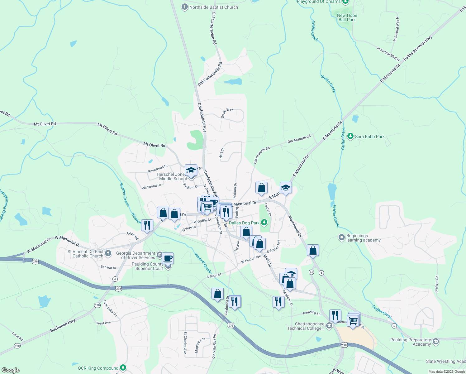 map of restaurants, bars, coffee shops, grocery stores, and more near 131 Watson Drive in Dallas