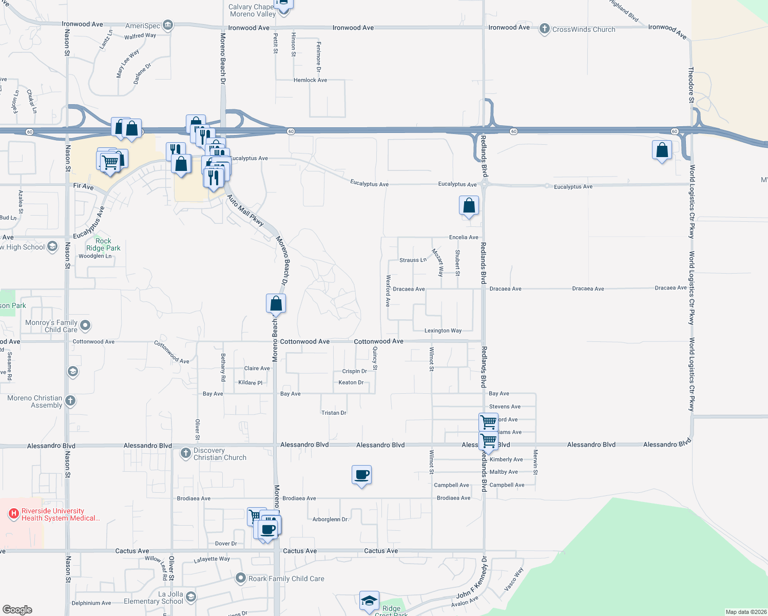 map of restaurants, bars, coffee shops, grocery stores, and more near 13351 Wexford Avenue in Moreno Valley