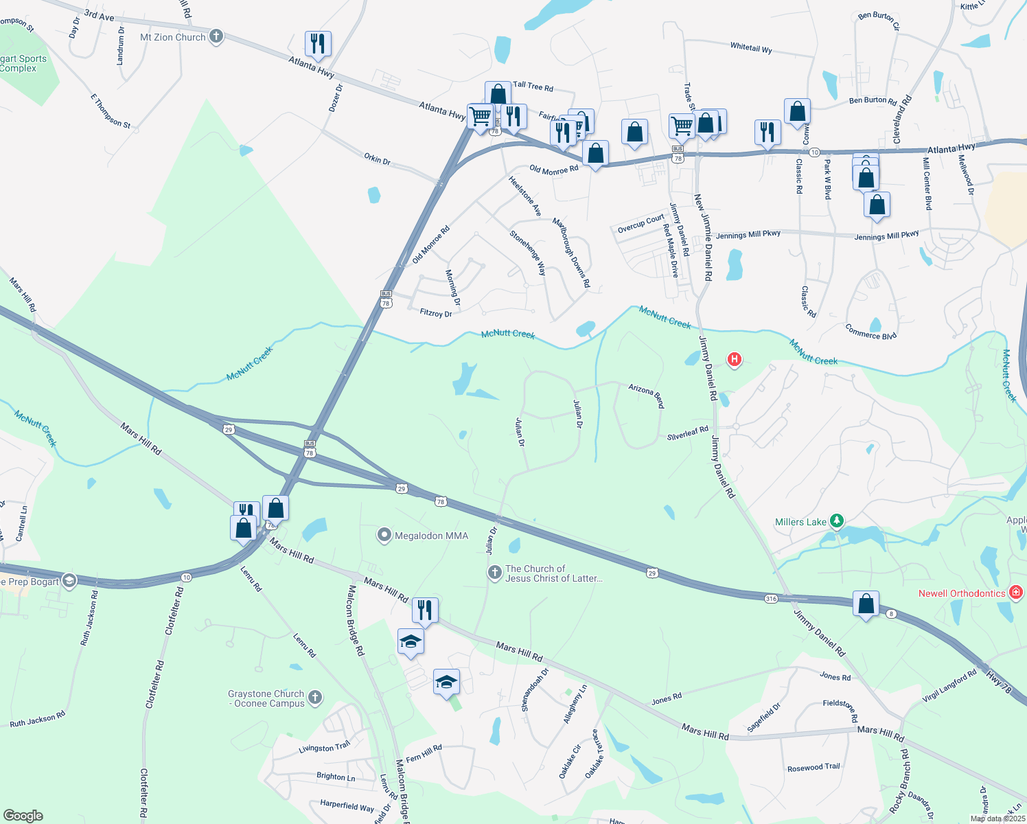 map of restaurants, bars, coffee shops, grocery stores, and more near 1750 Julian Drive in Watkinsville