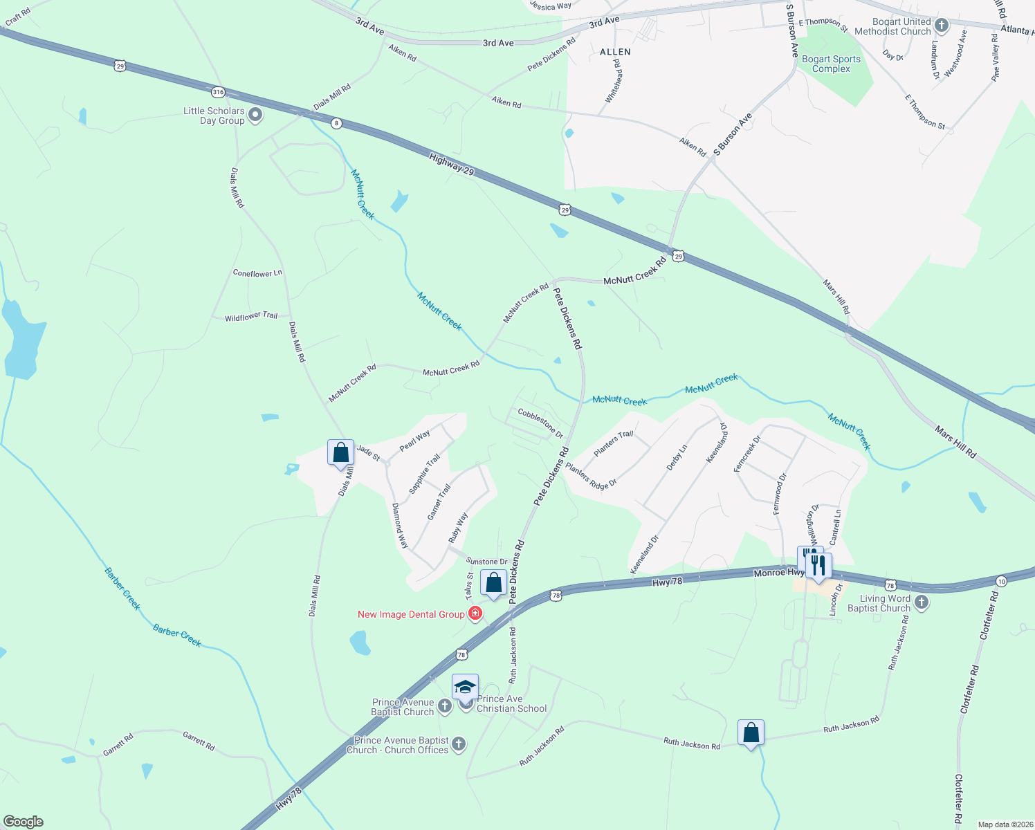 map of restaurants, bars, coffee shops, grocery stores, and more near 1121 Cobblestone Dr in Bogart