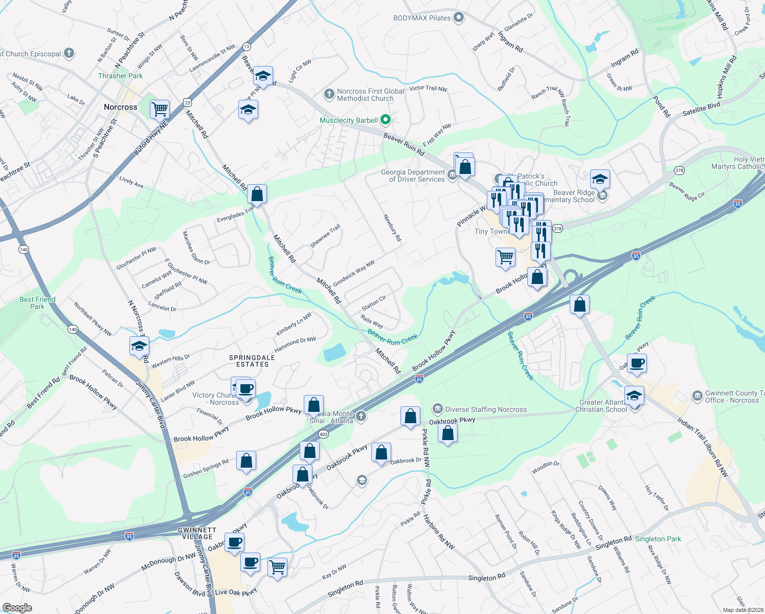 map of restaurants, bars, coffee shops, grocery stores, and more near 1984 Hoot Owl Cove in Norcross