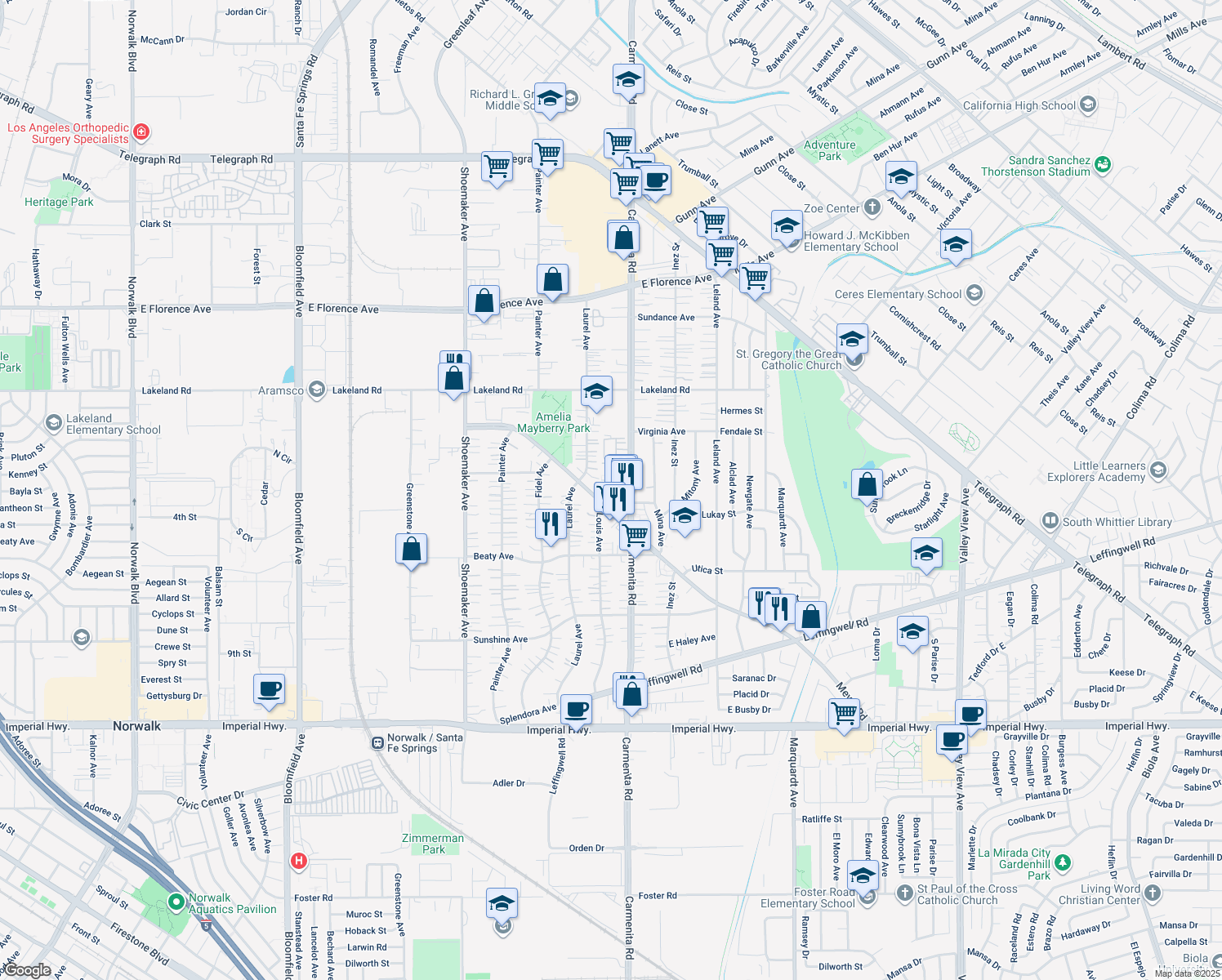 map of restaurants, bars, coffee shops, grocery stores, and more near 13305 Meyer Road in Whittier