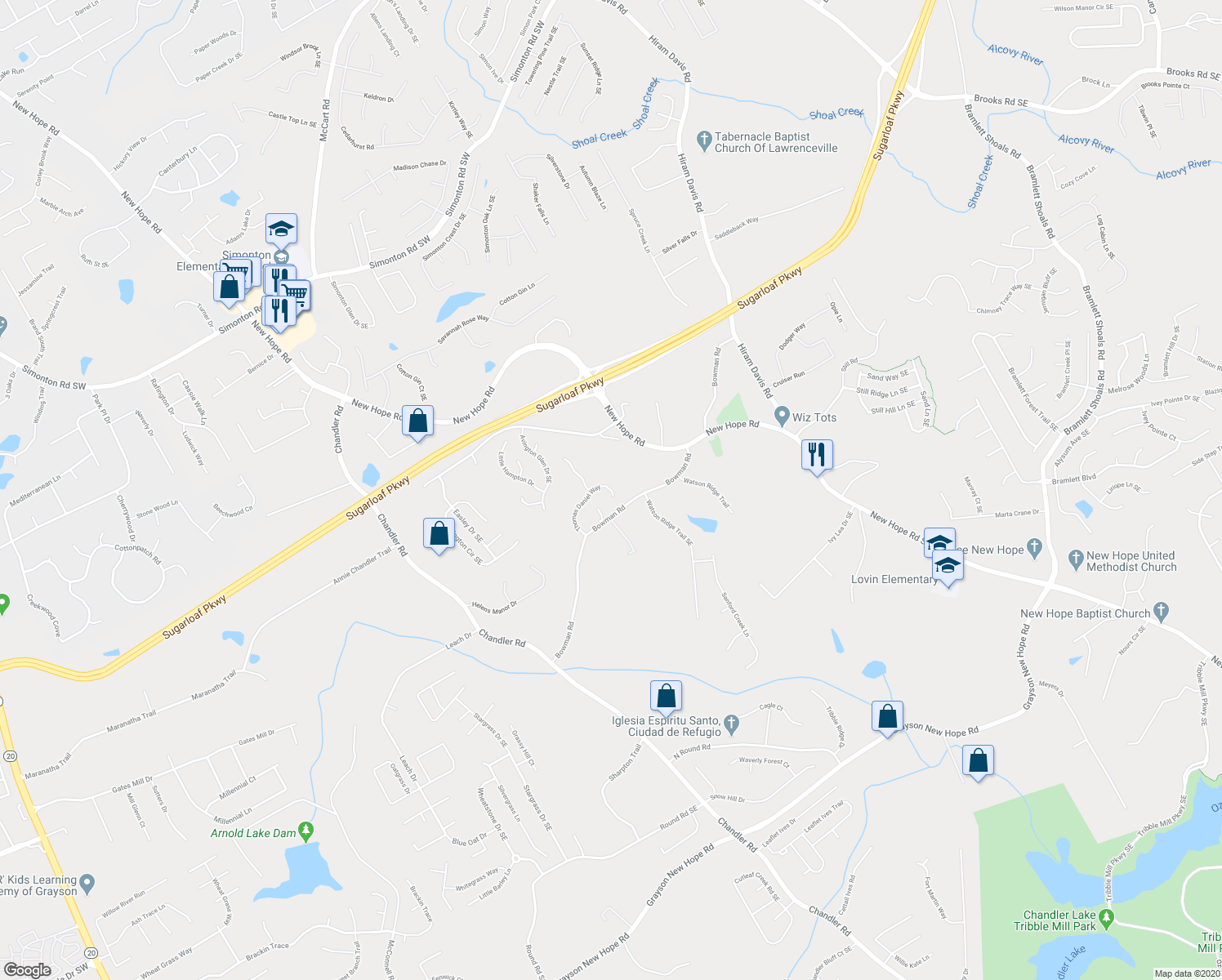 map of restaurants, bars, coffee shops, grocery stores, and more near 1161 Thomas Daniel Way in Lawrenceville